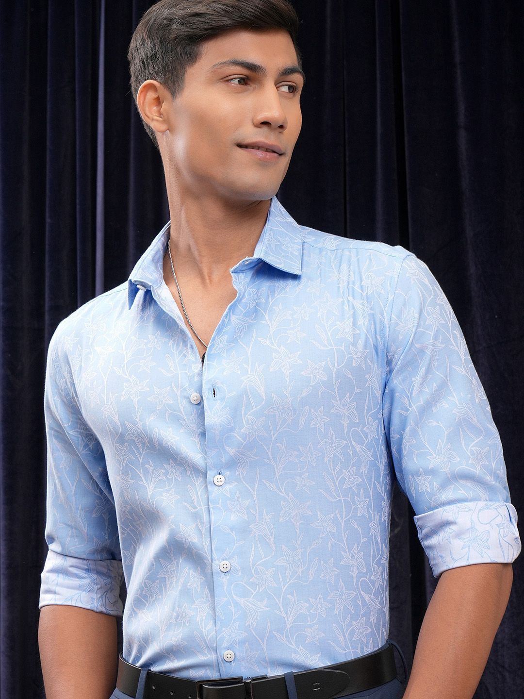 

LOCOMOTIVE Premium Men Jacquard Textured Occasion Shirt, Blue