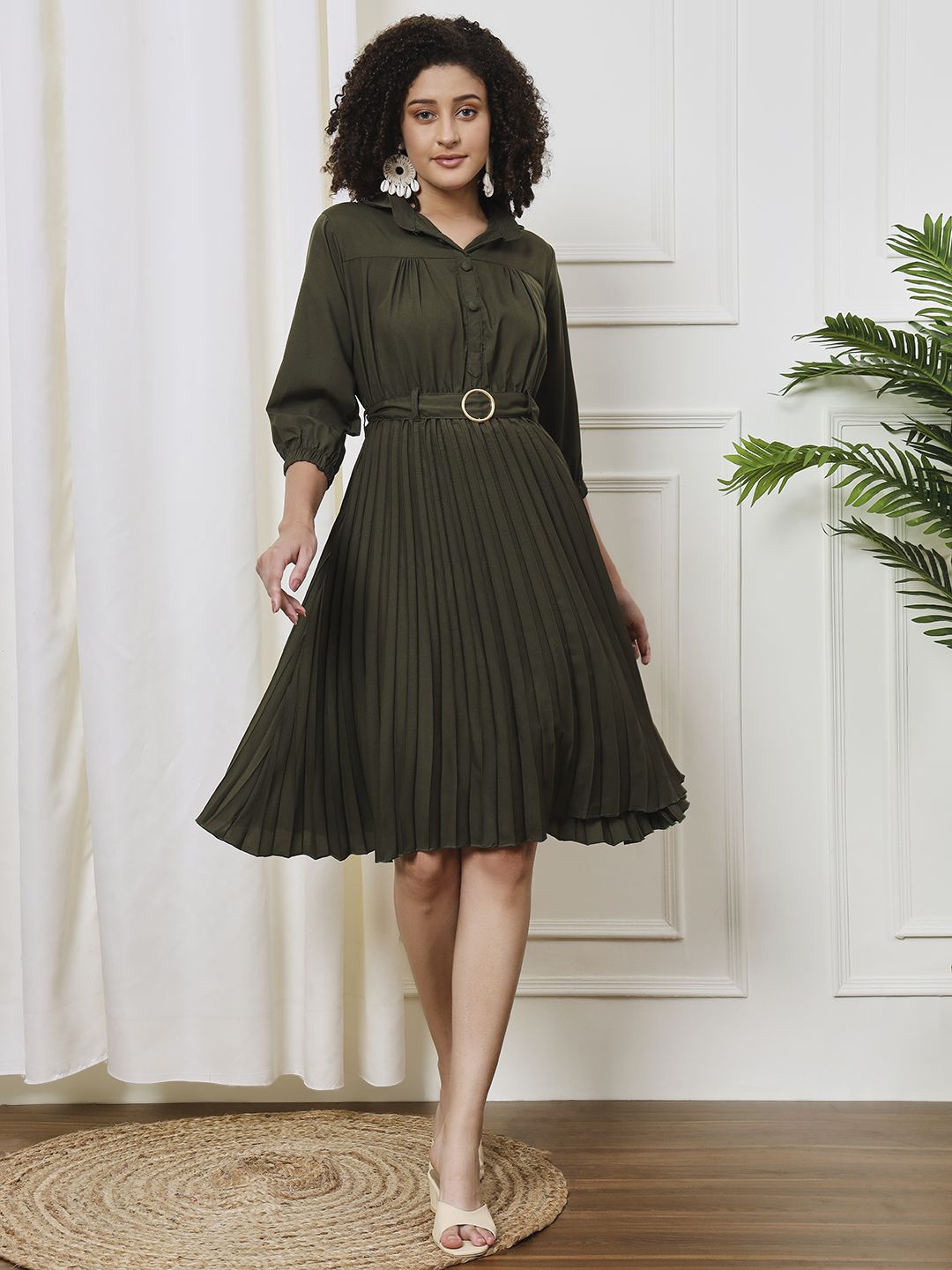 

CARTYSHOP Solid Puff Sleeves Shirt Collar Fit & Flare Midi Dress, Sea green