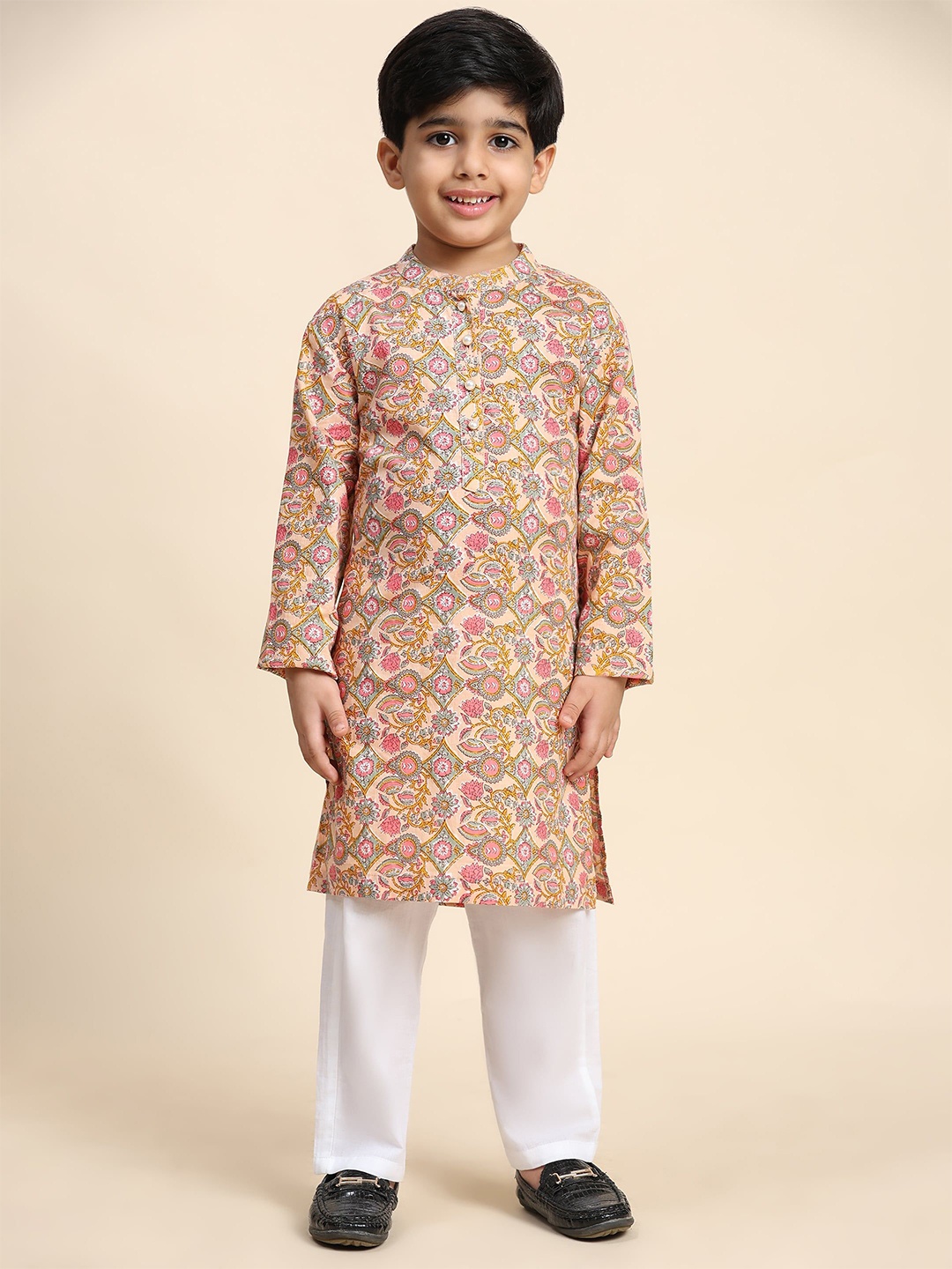 

Maaesa Boys Floral Printed Regular Beads and Stones Pure Cotton Kurta with Pyjamas, Beige