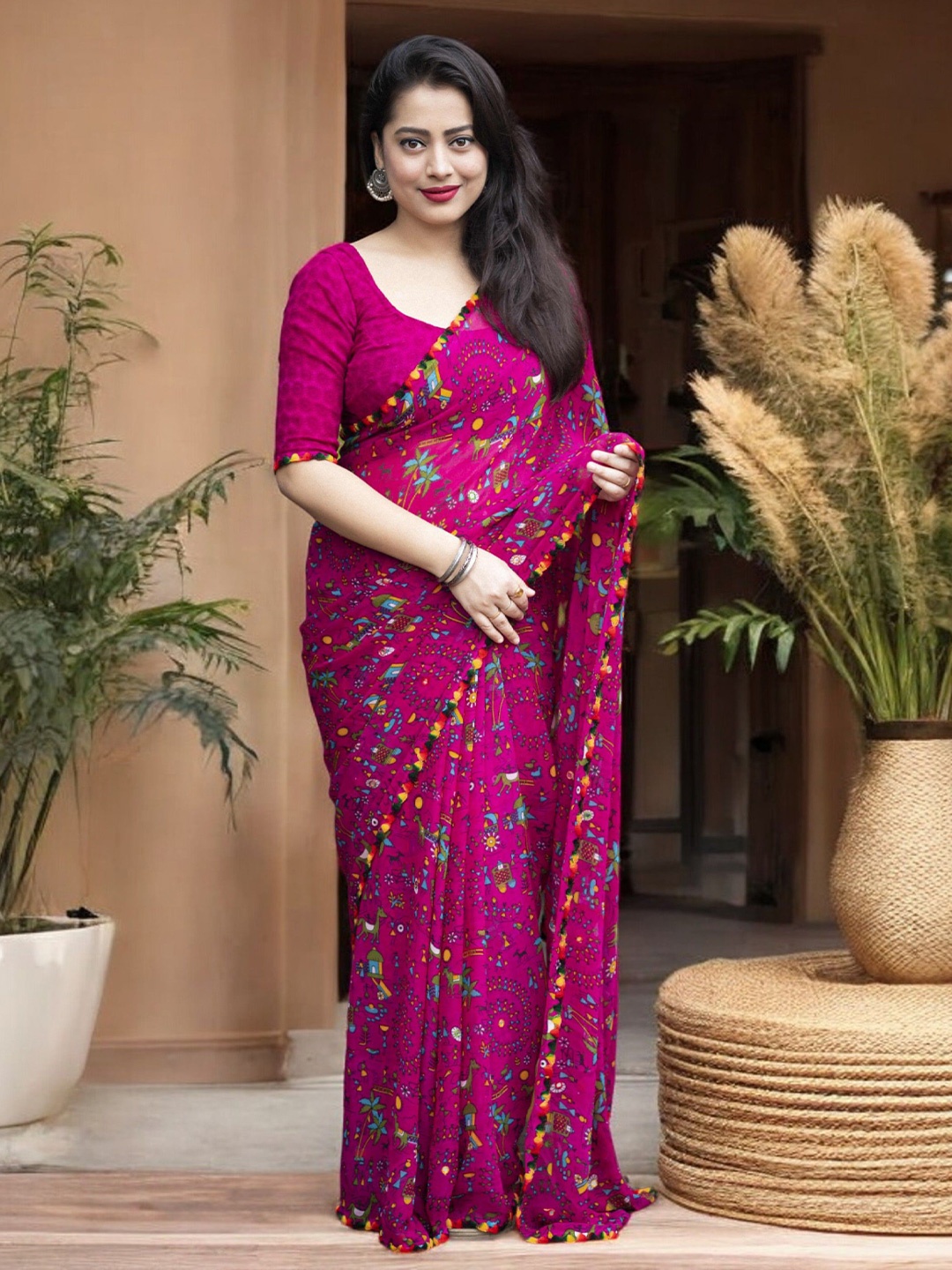 

The Textile Hub Warli Printed Pure Georgette Saree, Pink