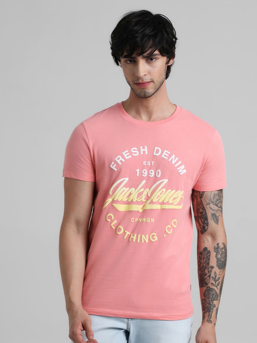 

Jack & Jones Typography Printed Slim Fit Pure Cotton T-shirt, Pink