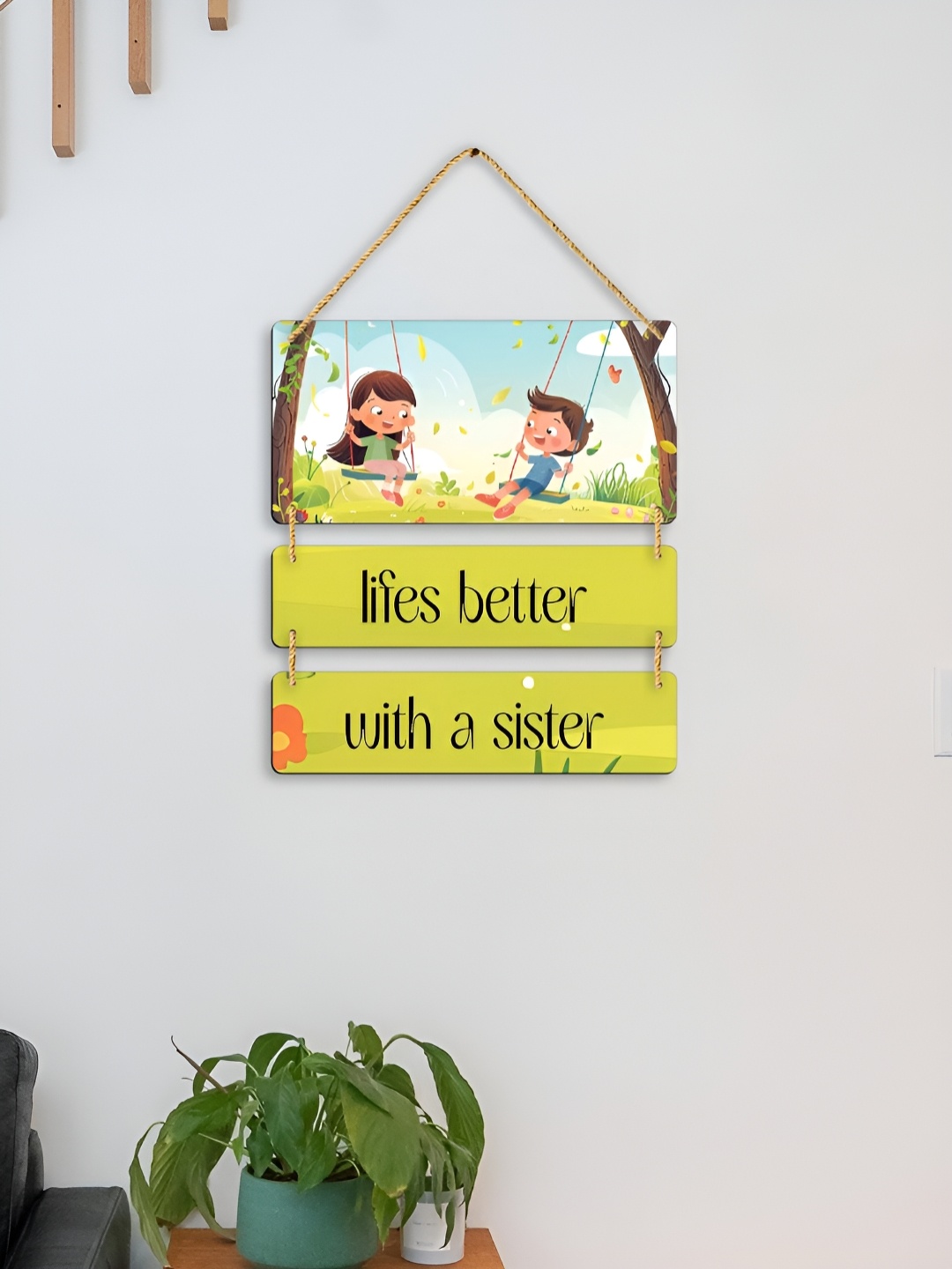 

CLAWCRAFTS Mustard Yellow & Blue 3 Pieces Printed Wood Wall Art