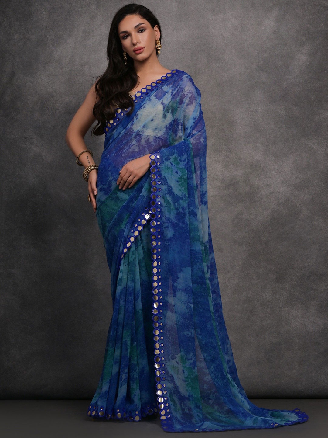 

Panzora Mirror Work Printed Saree, Blue
