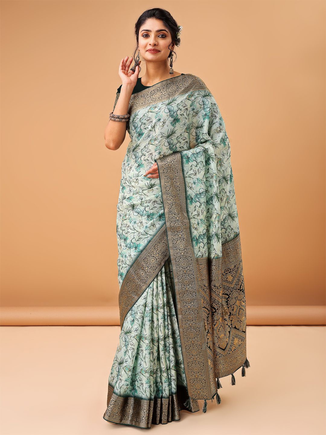 

ETHNIC TODAY Floral Schiffli Saree, Sea green