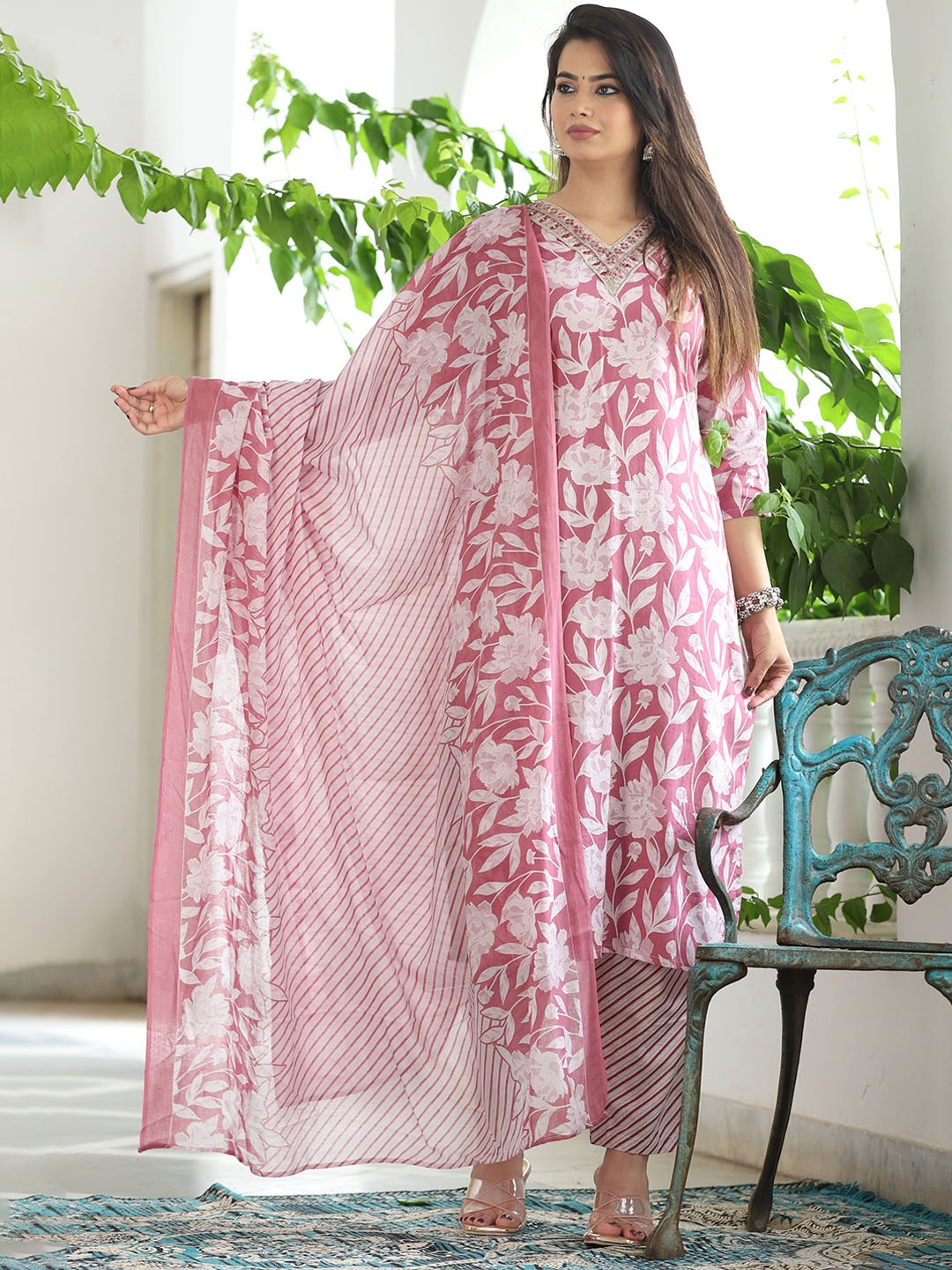 

G4Girl Floral Printed Mirror Work Pure Cotton Straight Kurta With Trousers & Dupatta, Peach