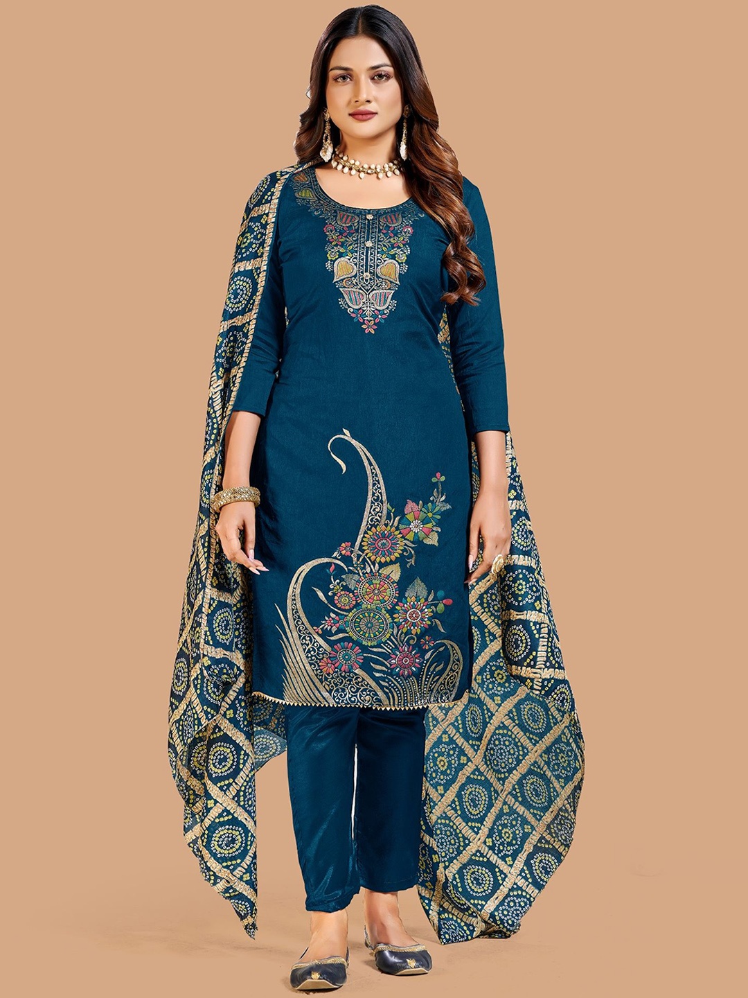 

Aika Thread Work Unstitched Dress Material, Teal