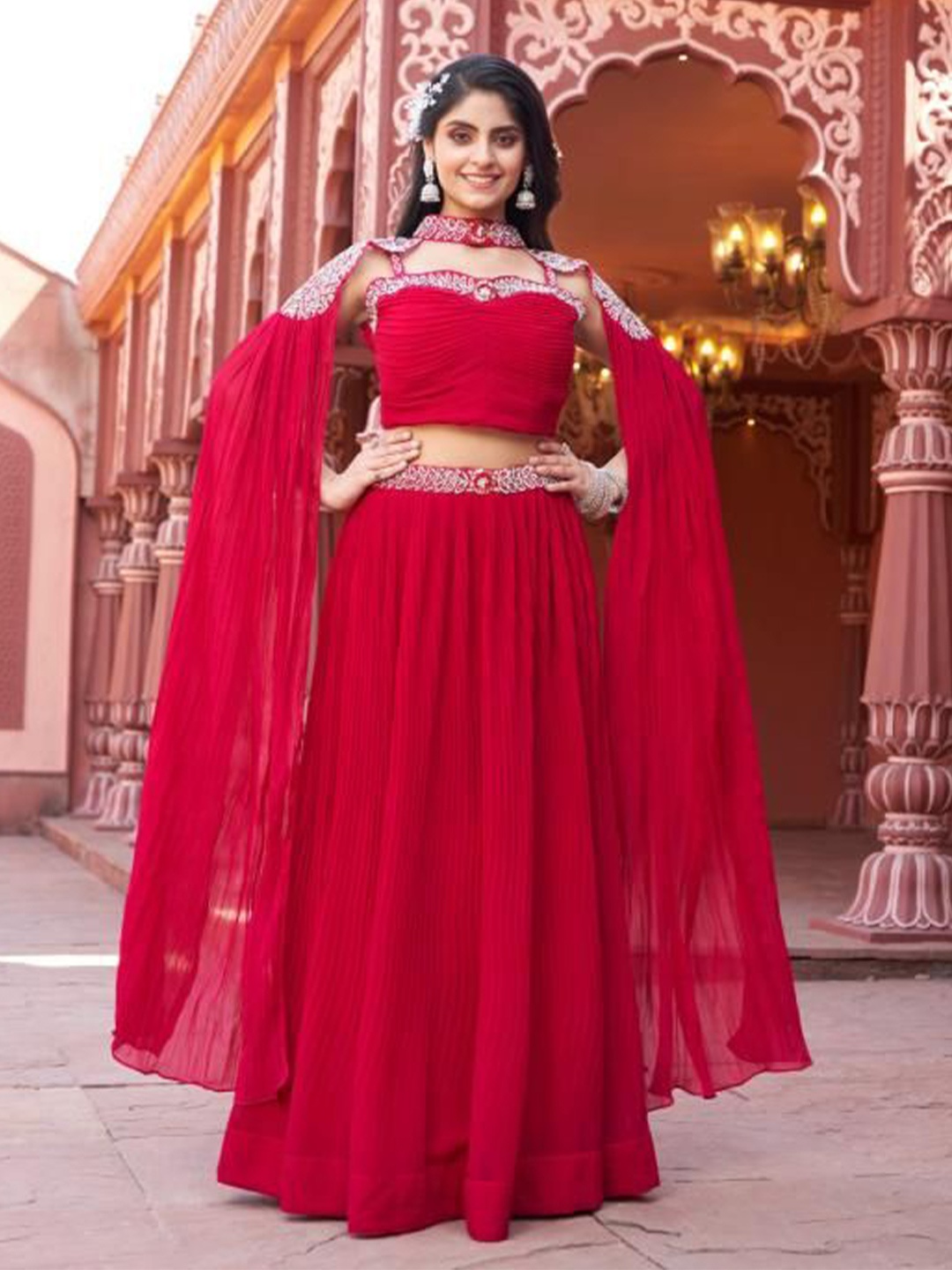 

LUGAI Beads & Stones Ready to Wear Lehenga & Blouse With Cape, Red