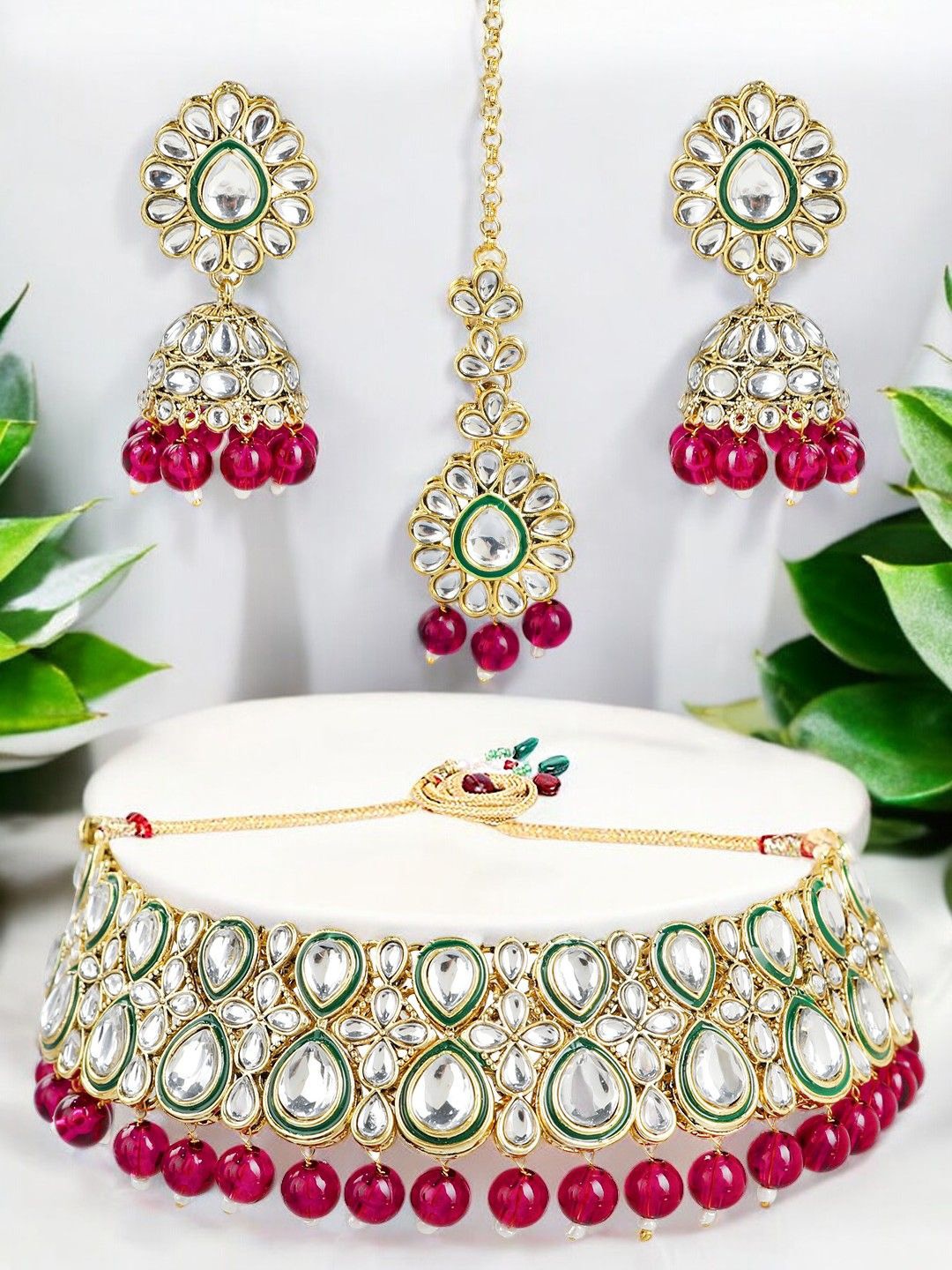 

9blings Gold-Plated Kundan & Beaded Studded Jewellery Set