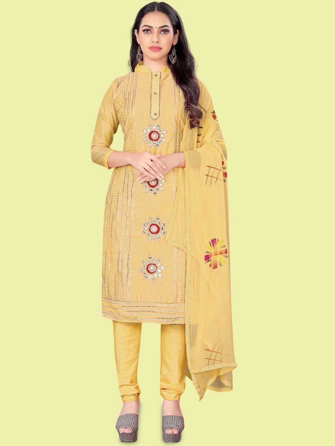 

APNISHA Geometric Printed Mirror Work Unstitched Dress Material, Yellow