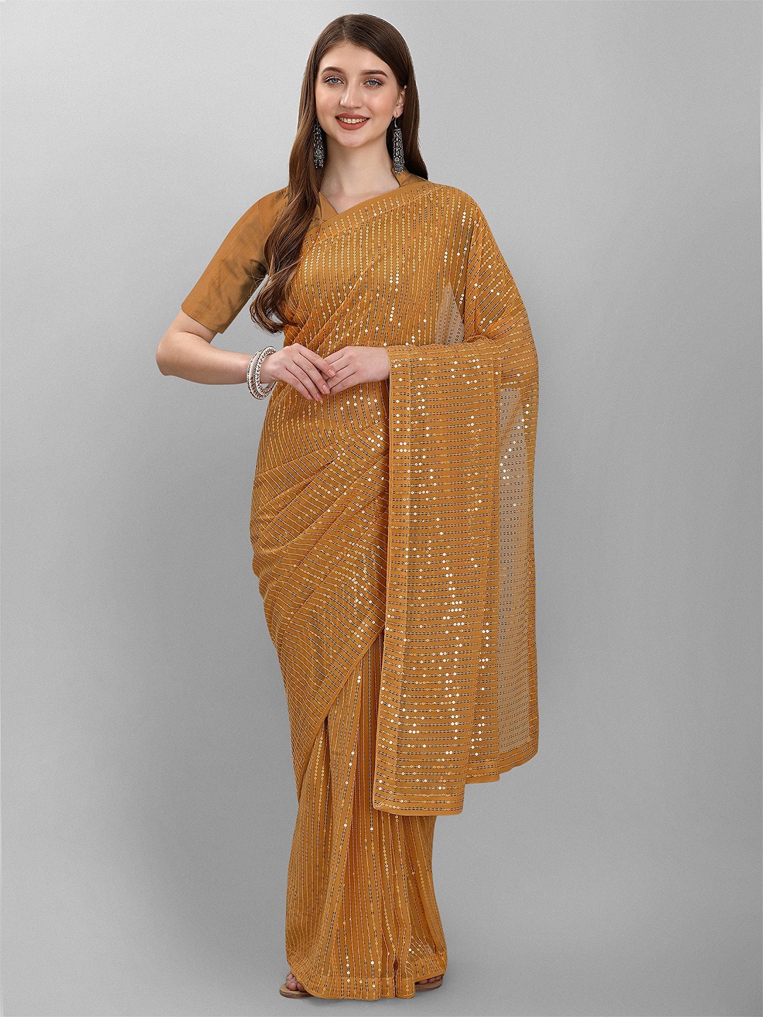 

Anouk Striped Sequinned Saree, Mustard