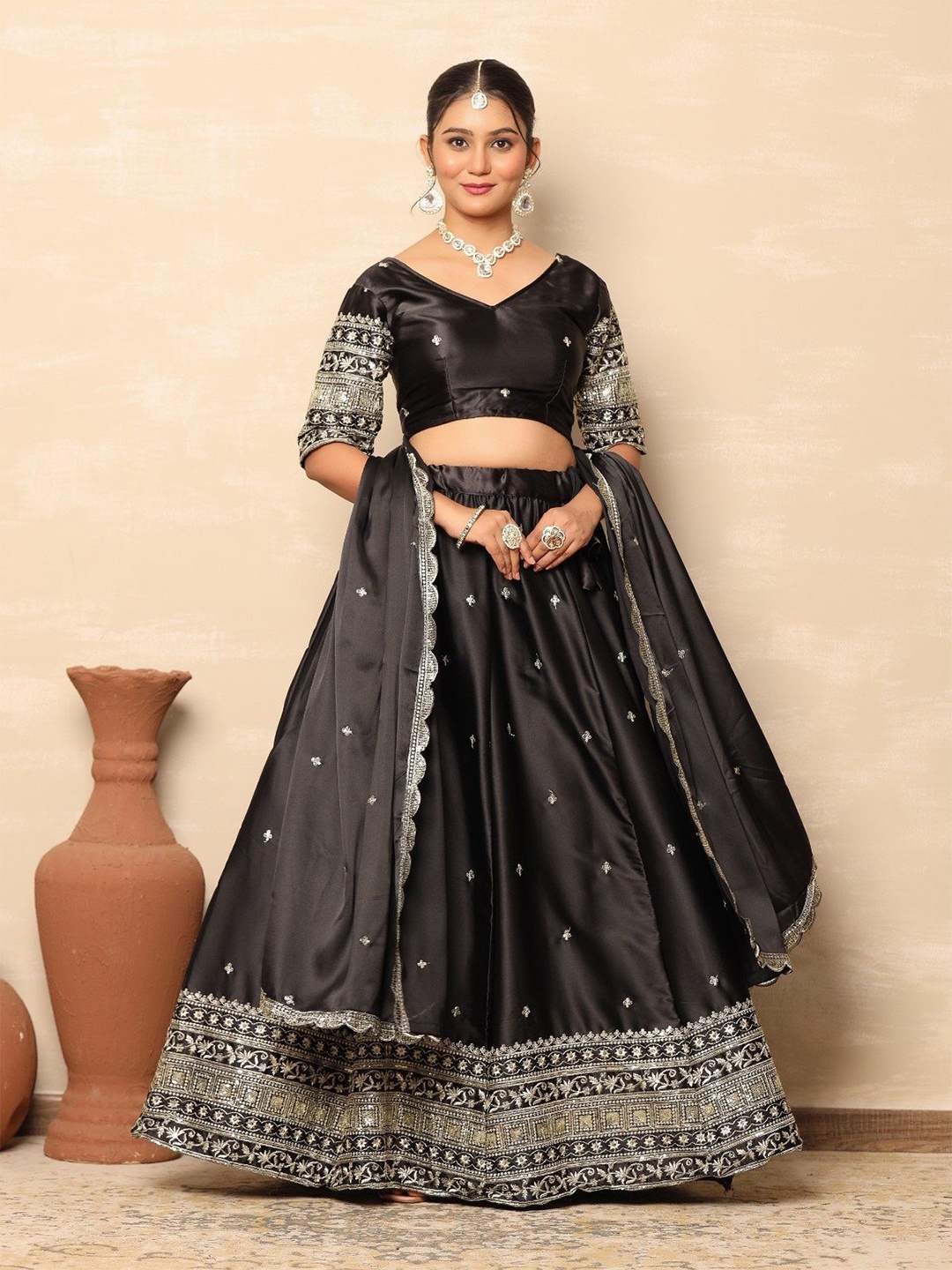

Futra Gabha Embellished Sequinned V-Neck Satin Ready to Wear Lehenga & Blouse With Dupatta, Black