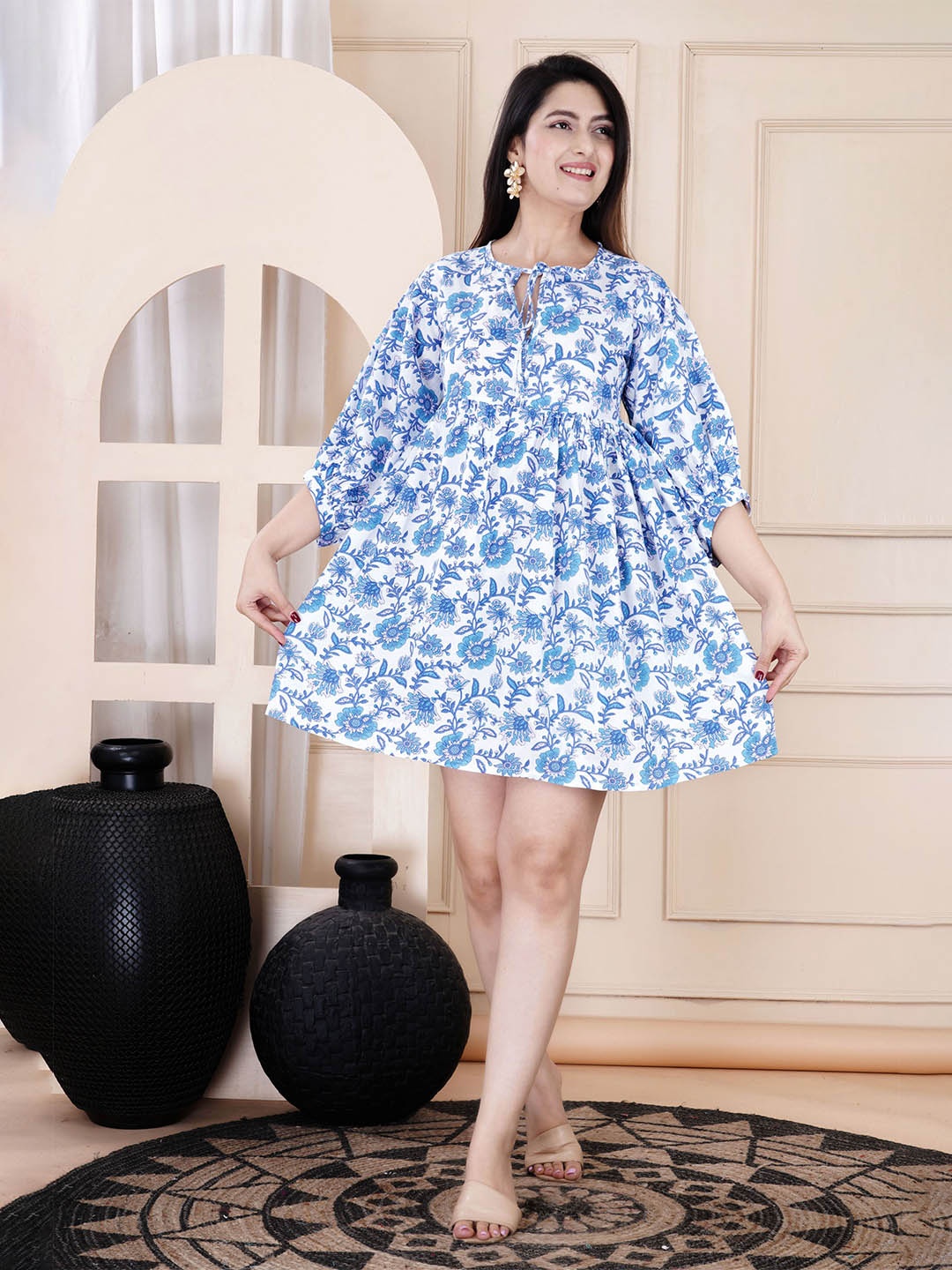 

MANOJAVA Women Floral Print Flared Sleeve Layered Fit & Flare Dress, Blue
