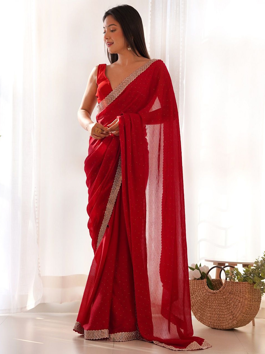 

Mitera Embellished Beads and Stones Satin Ready to Wear Saree, Red