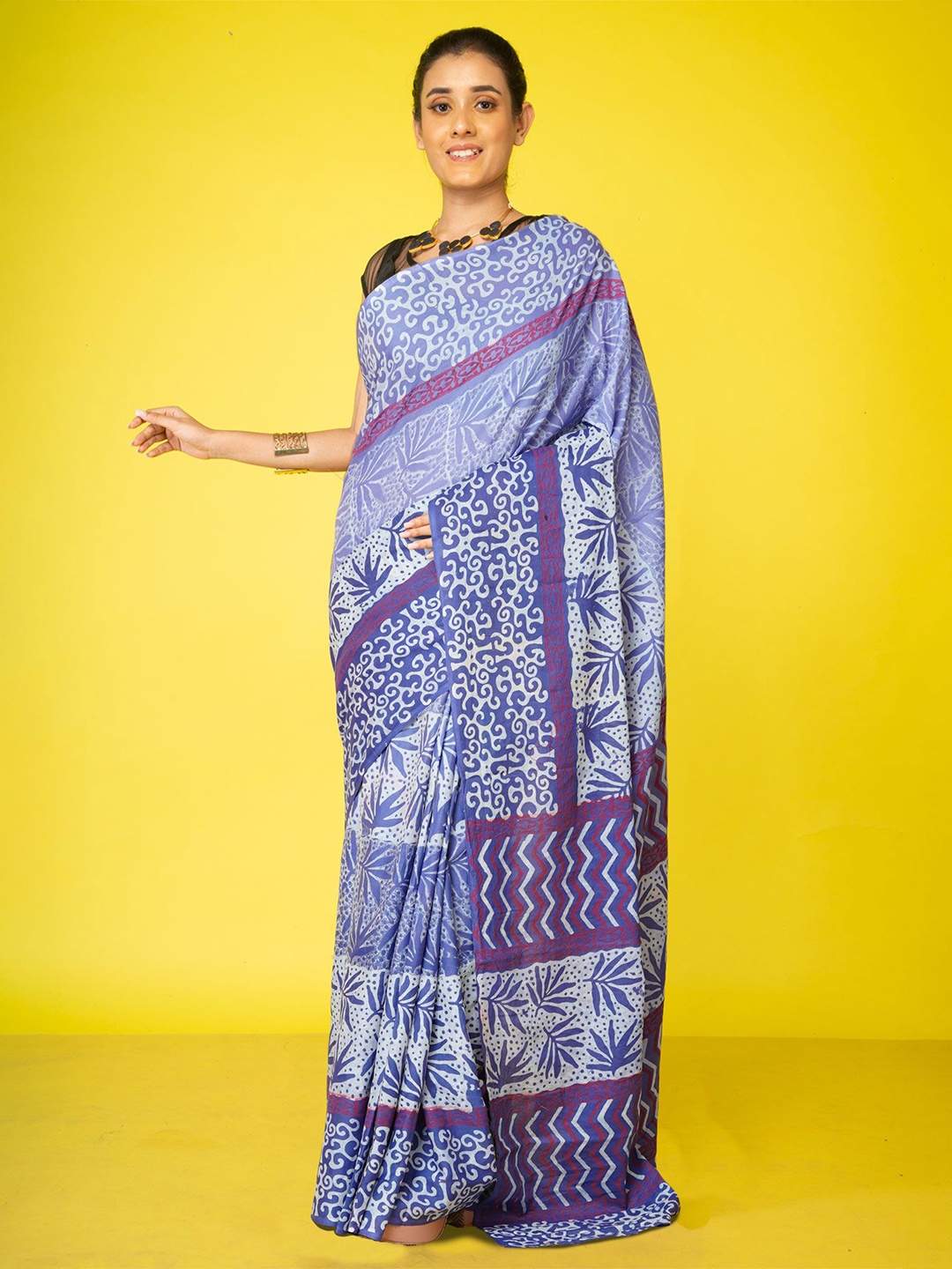 

Unnati Silks Ethnic Motifs Pure Cotton Handloom Block Print Saree, Blue