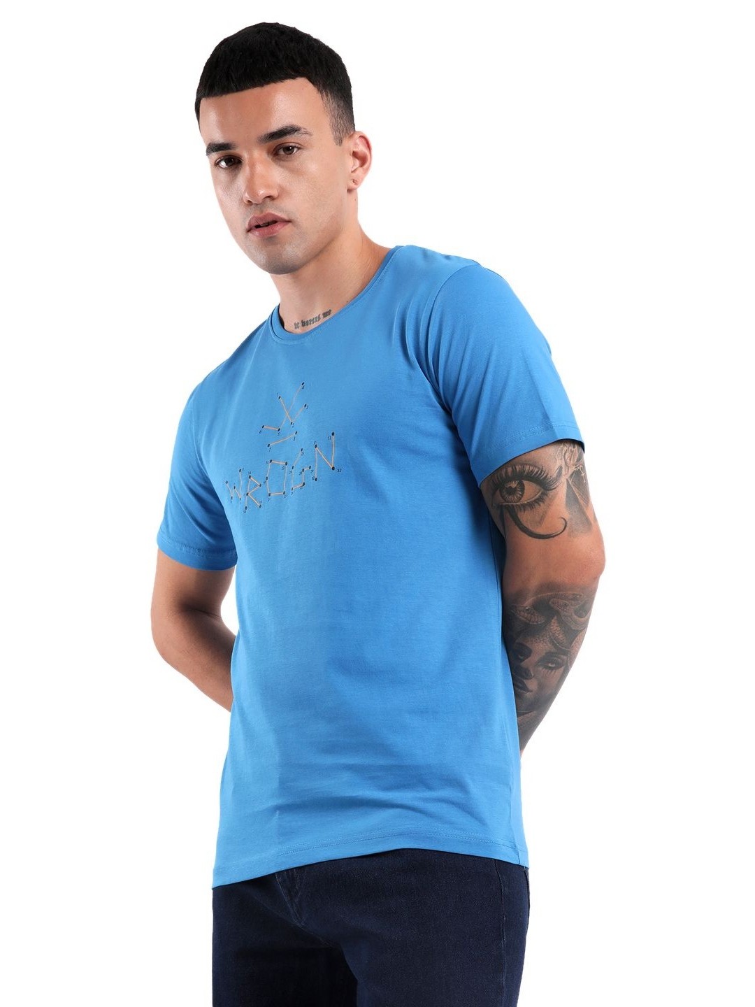 

WROGN Men Typography Printed Round Neck Cotton Slim Fit T-Shirt, Blue