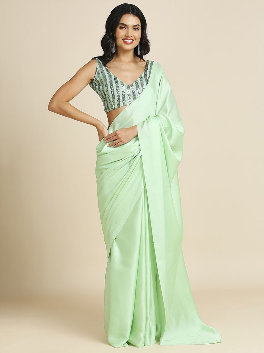 

ASISA Solid Satin Saree, Green