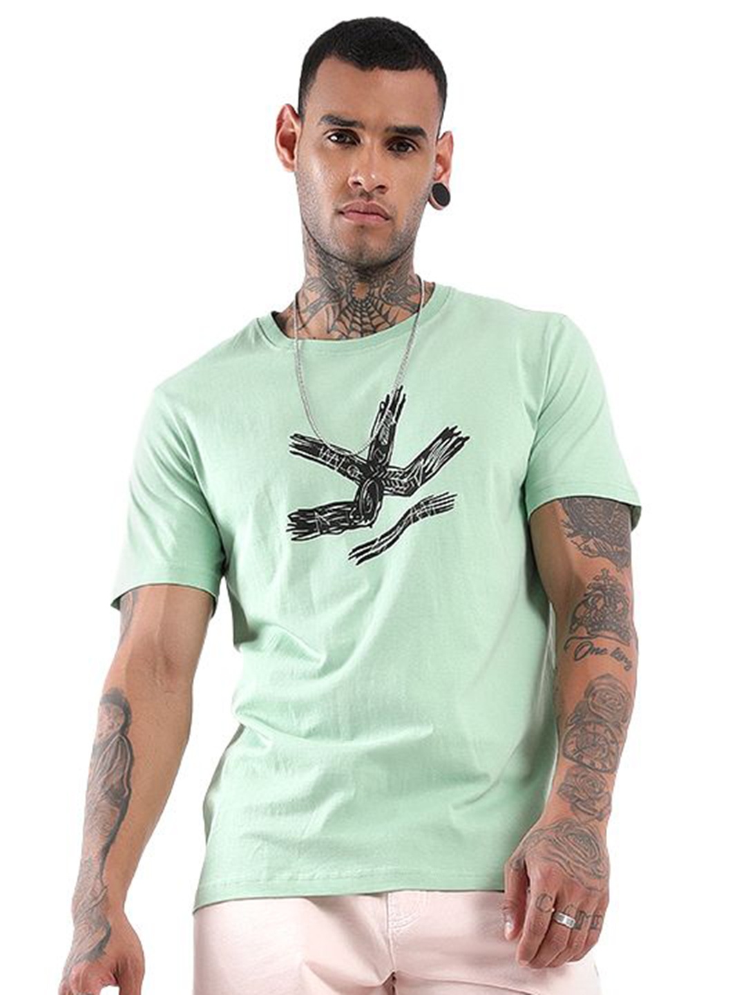 

WROGN Men Graphic Printed Round Neck Cotton Slim Fit T-Shirt, Green