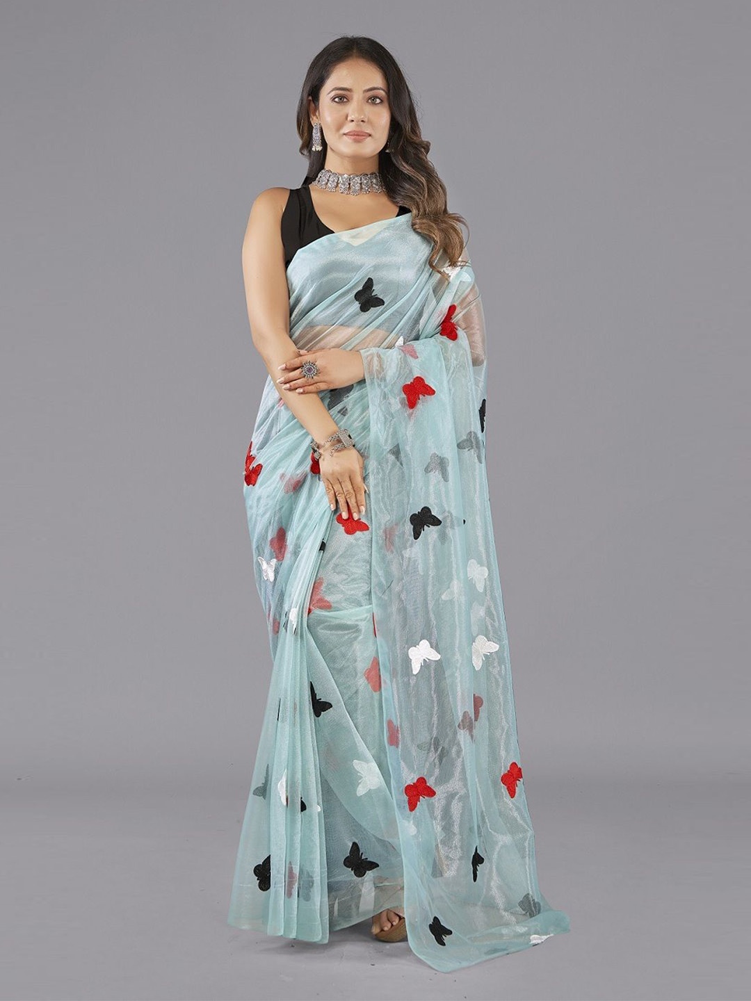 

Aika Ethnic Motifs Embroidered Net Saree, Blue