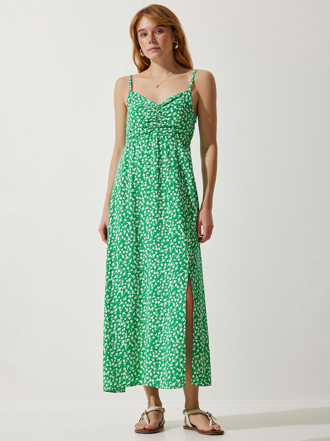 

Happiness istanbul Floral Printed Empire Maxi Dress, Green