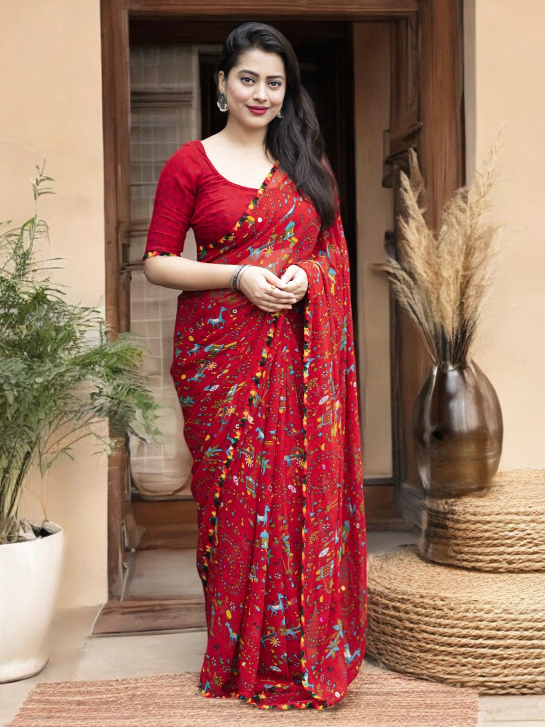 

The Textile Hub Warli Pure Georgette Embroidered Saree, Red