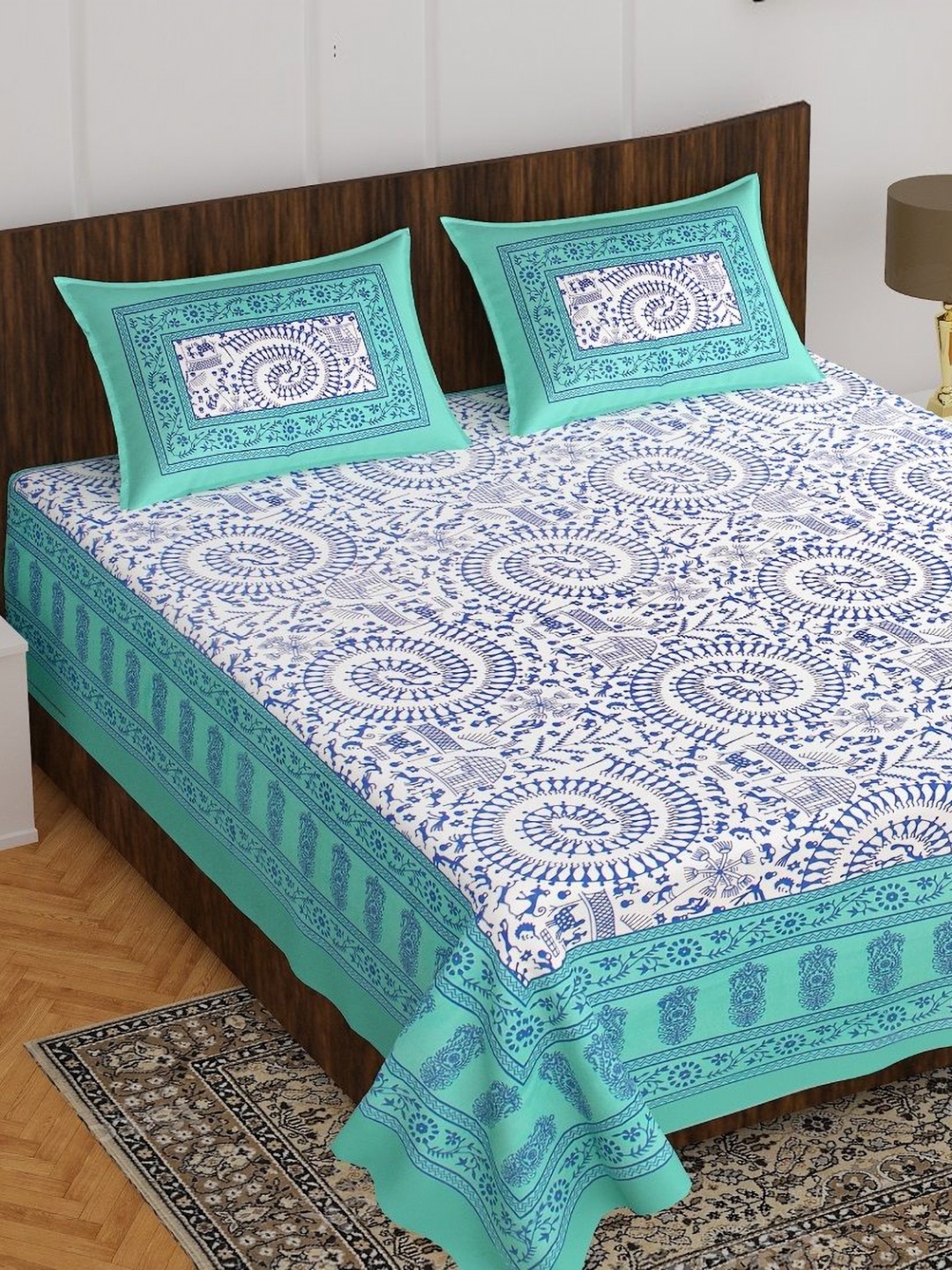 

AYAT COLLECTION Sea Green Geometric 144 TC Pure Cotton Queen Bedsheet With 2 Pillow Covers