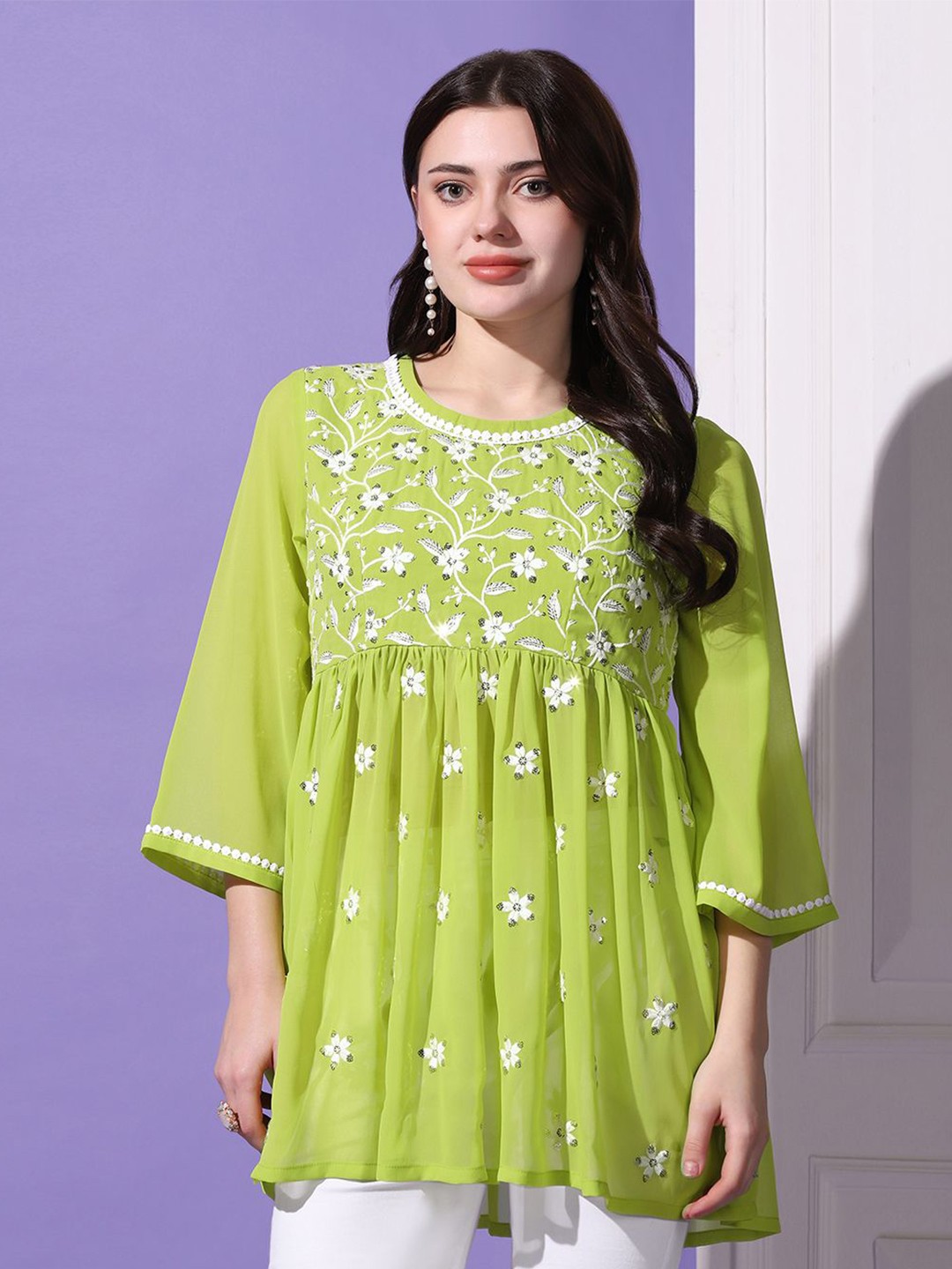 

BAESD Embellished Print Georgette Top, Green