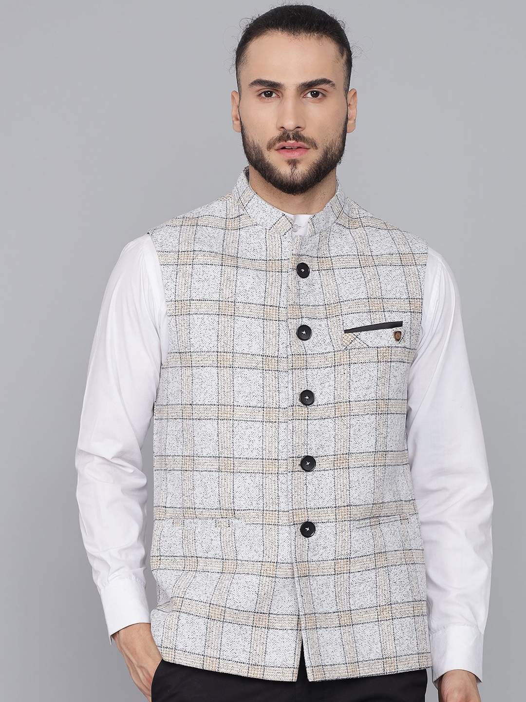 

LA'SCOOT Checked Regular Fit Tweed Nehru Jackets, Grey
