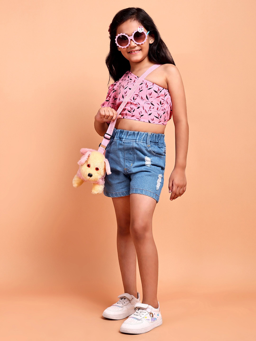 

YK Girls Floral Printed Top With Denim Shorts, Pink