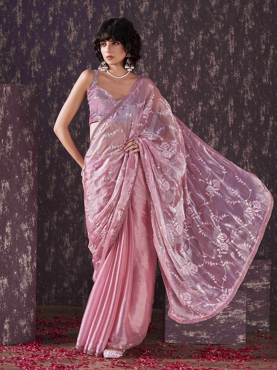 

Tikhi Imli Embellished Sequinned Poly Chiffon Half and Half Saree, Pink