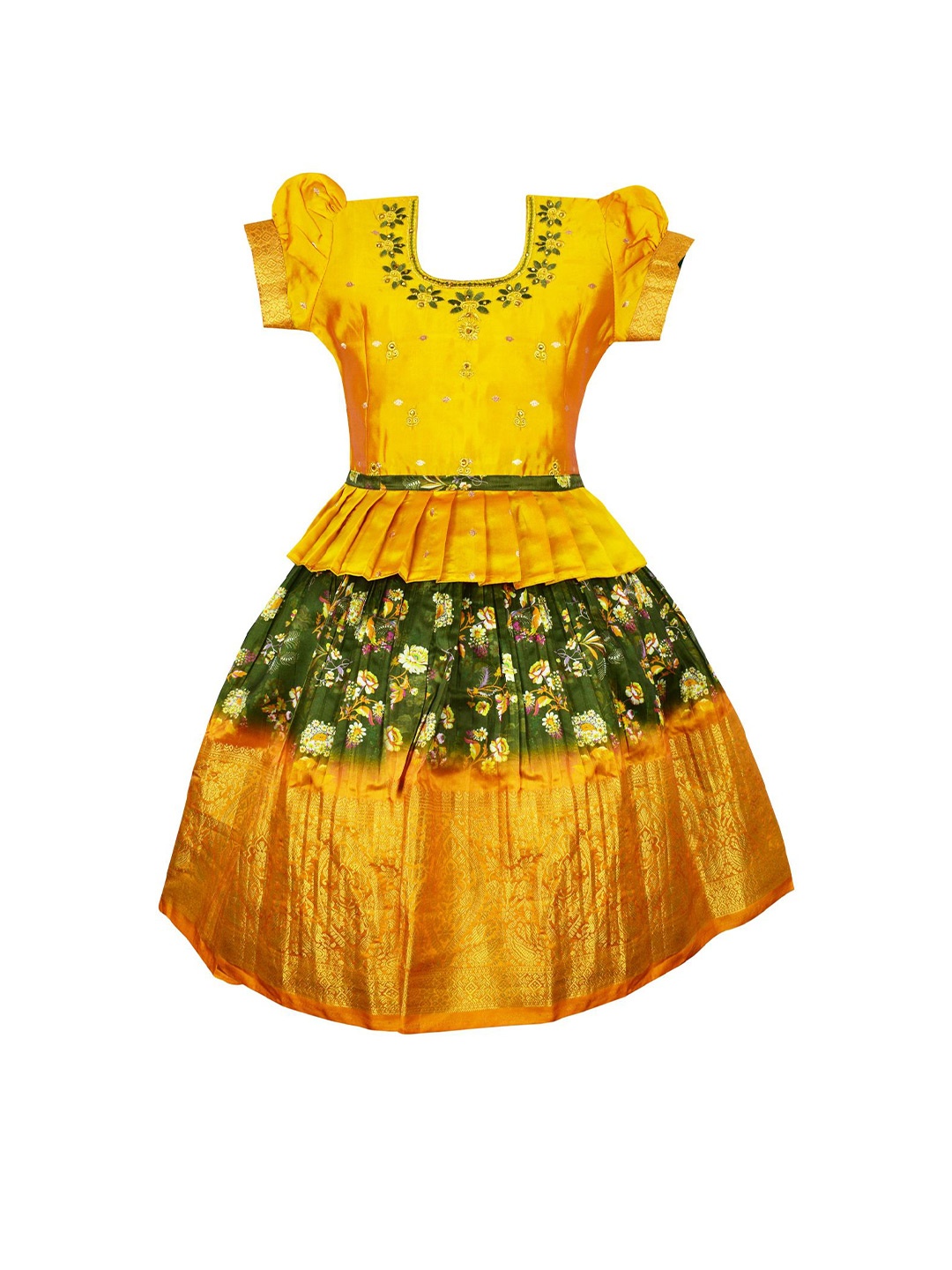

AMIRTHA FASHION Girls Embroidered Floral Printed Ready To Wear Lehenga & Blouse, Gold