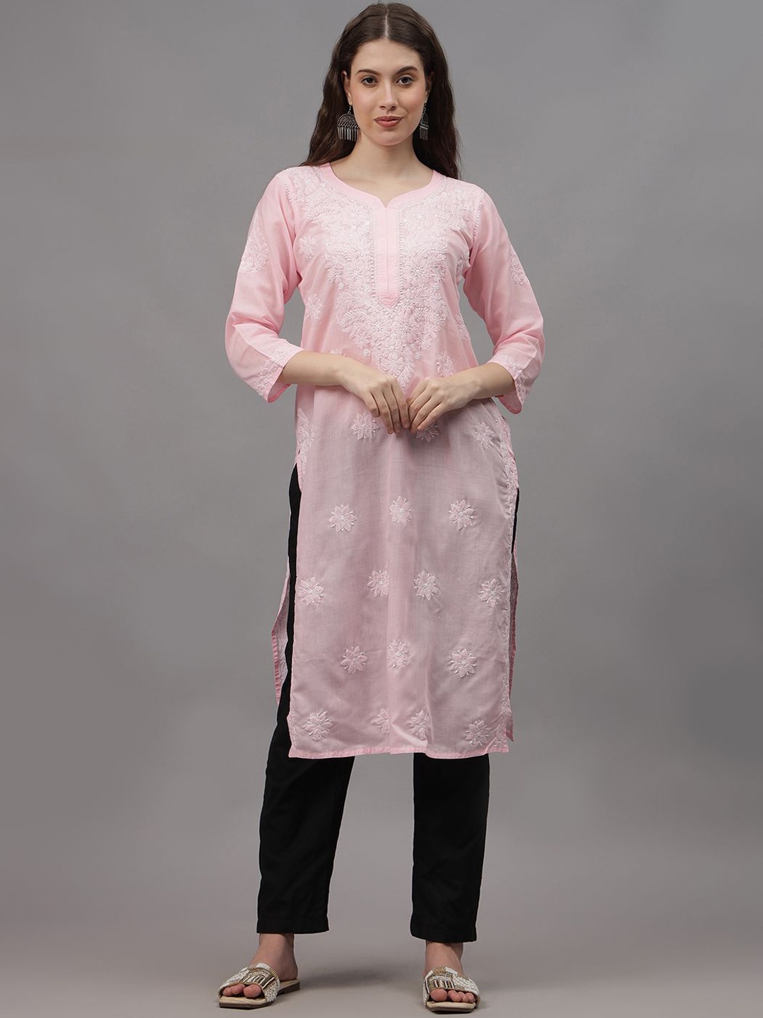 

Seva Chikan Floral Embroidered Lucknowi Chikankari Straight Kurta, Pink