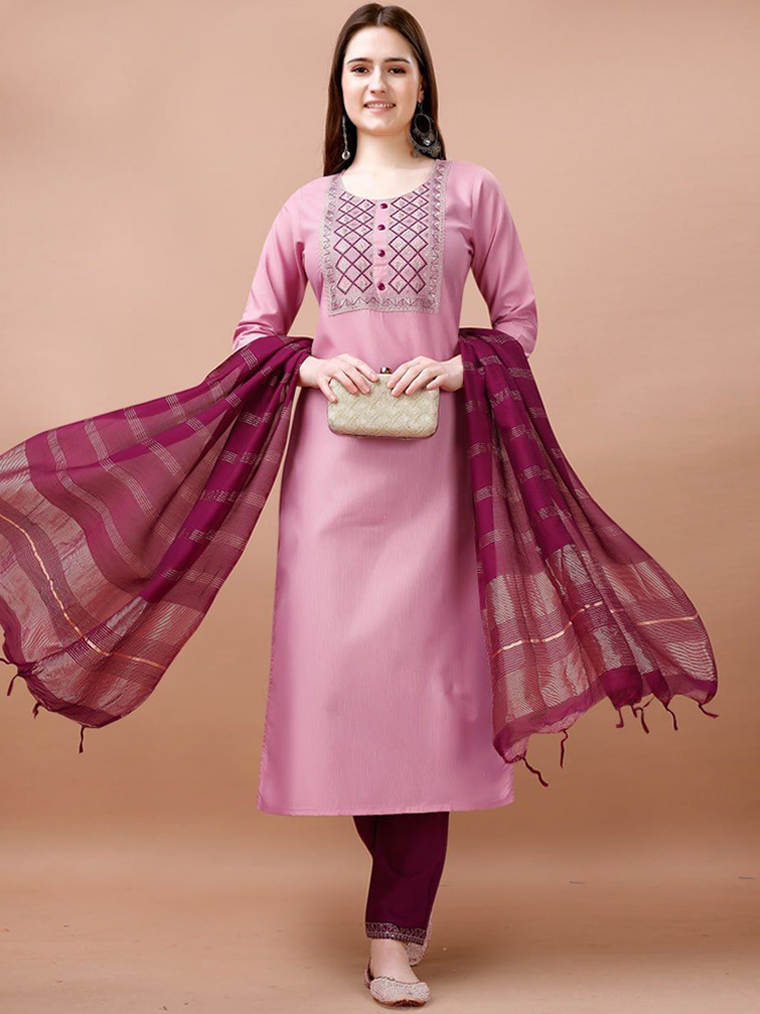 

Growdamy Ethnic Motifs Yoke Design Kurta With Trousers & Dupatta, Pink