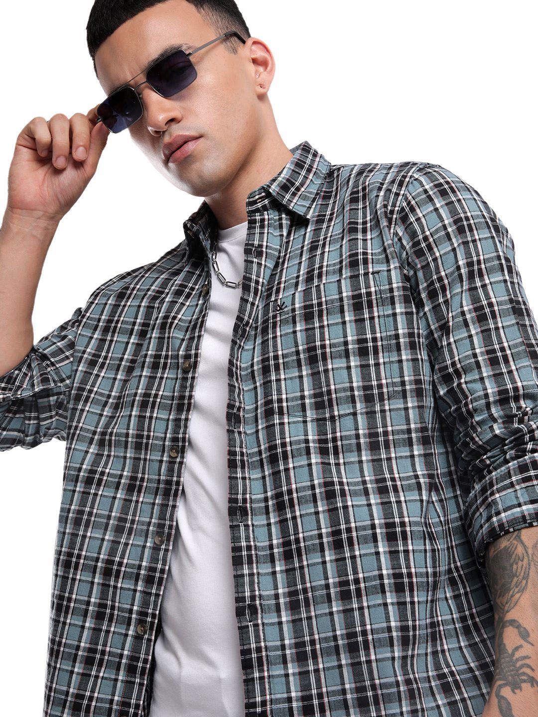 

WROGN Men Custom Slim Fit Tartan Checks Opaque Checked Casual Shirt, Blue