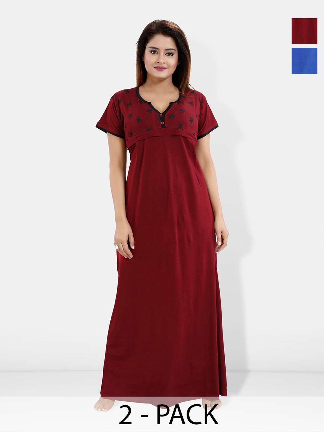 

Be You Pack Of 2 Solid Maxi Nightdress, Maroon