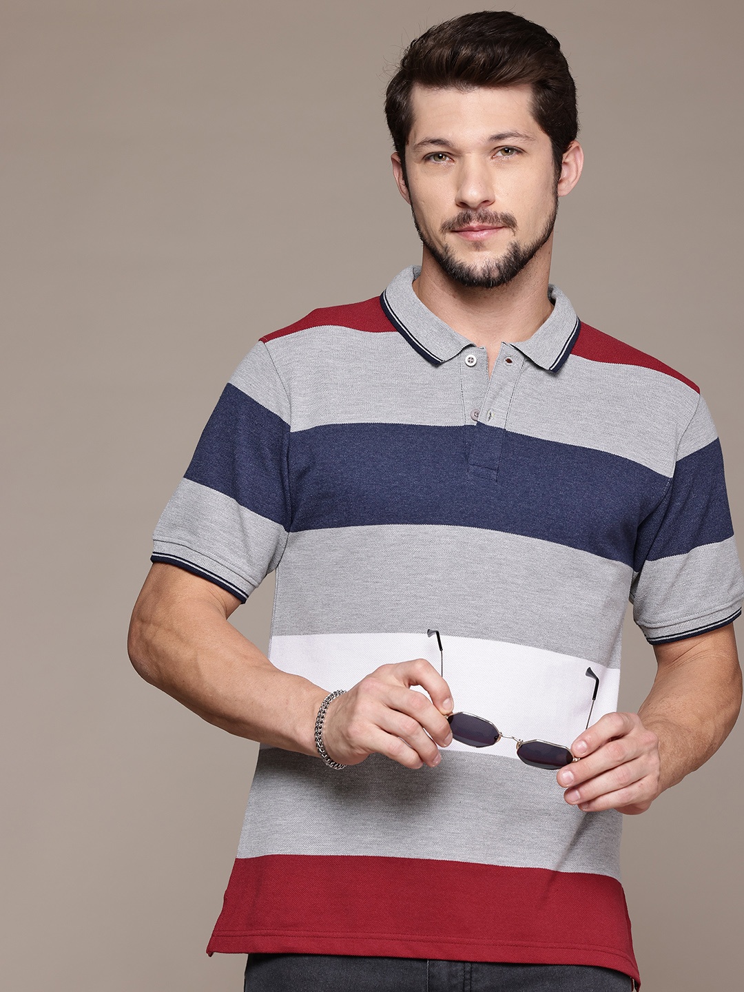 

The Roadster Lifestyle Co. Striped Polo Collar T-shirt, Grey melange