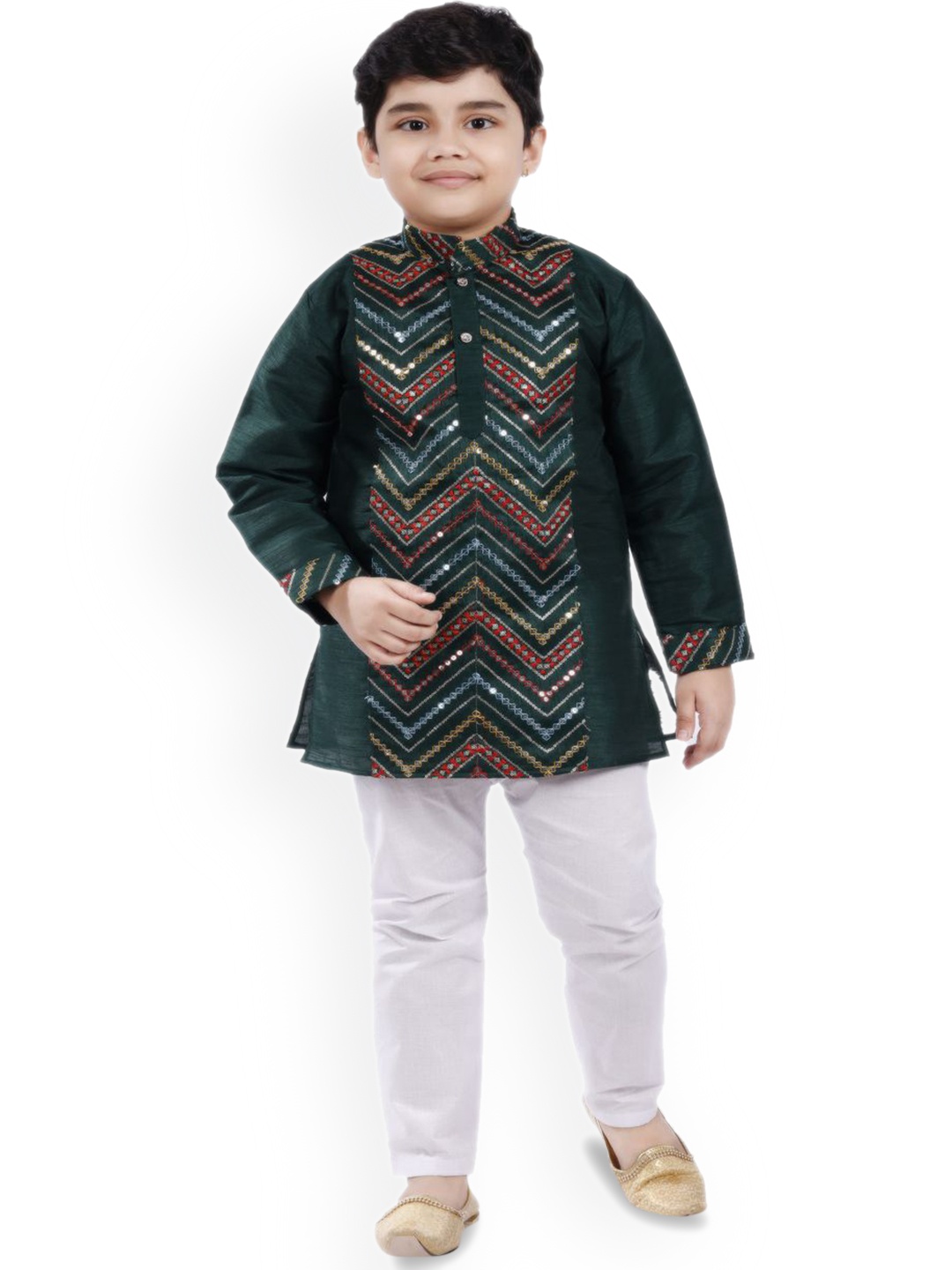 

BAESD Boys Embroidered Mandarin Collar Mirror Work Kurta with Pyjamas, Green