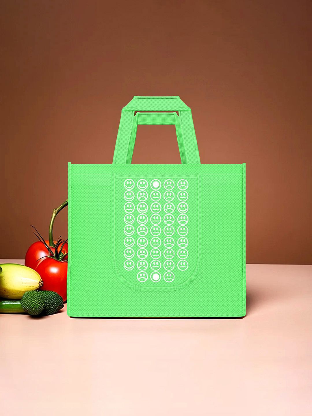 

Kuber Industries Set of 10 Smiley Printed Lightweight Foldable & Reusable Shopping Bags, Green