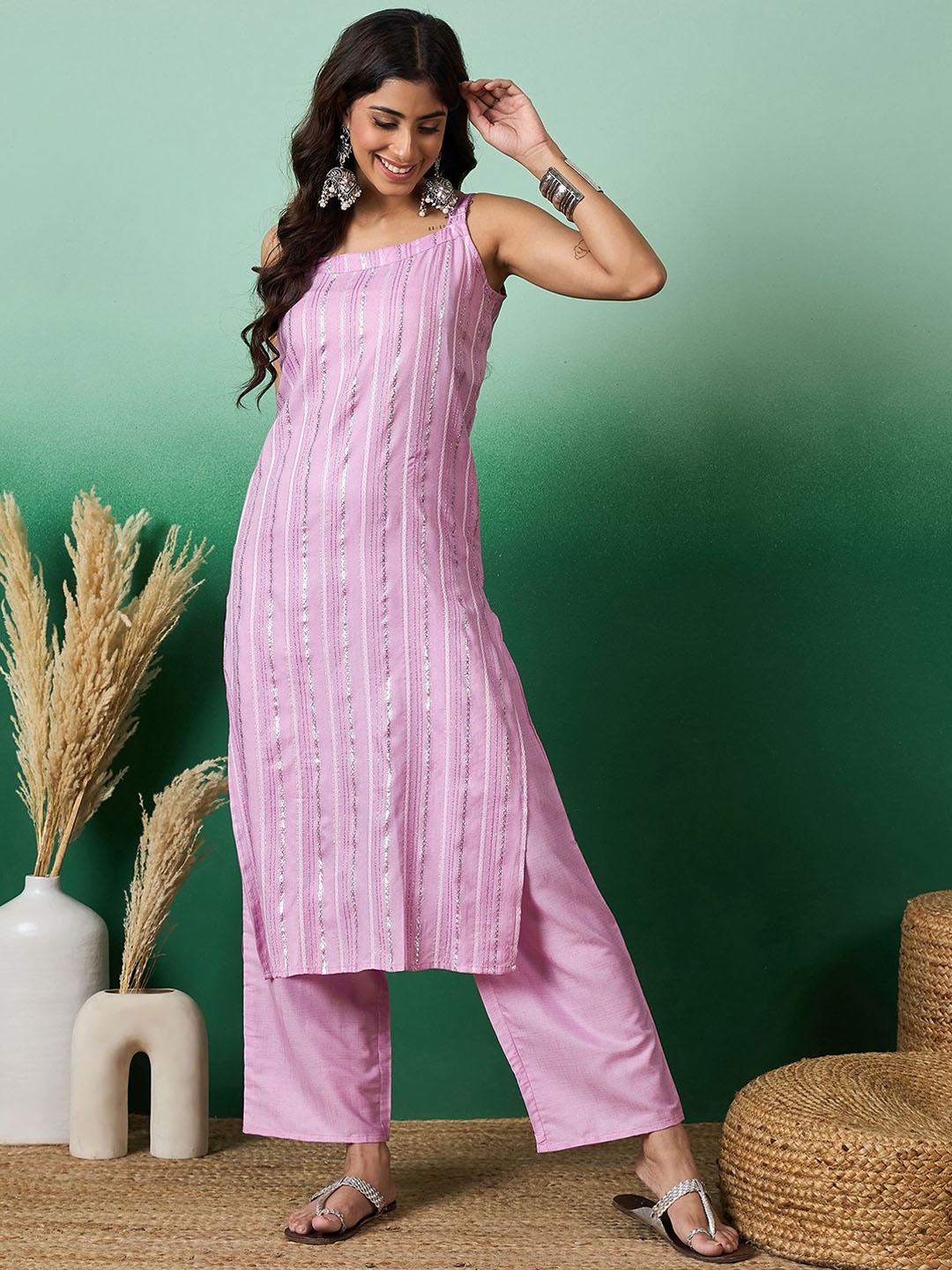 

InWeave Striped Shoulder Straps Straight Kurta with Trousers, Lavender