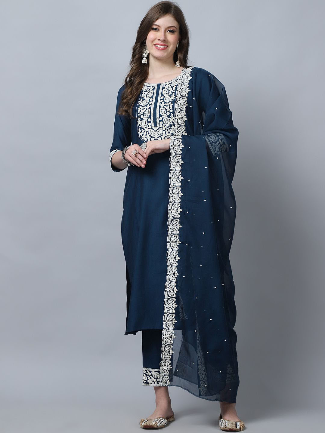 

KLOSIA Ethnic Motifs Yoke Design Sequinned Pure Silk Straight Kurta With Trouser & Dupatta, Navy blue