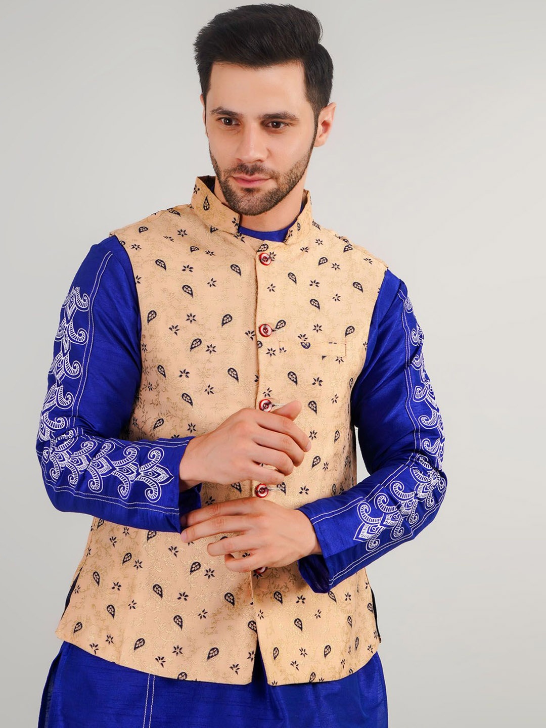 

Valencia Fashion Woven Design Nehru Jacket, Beige