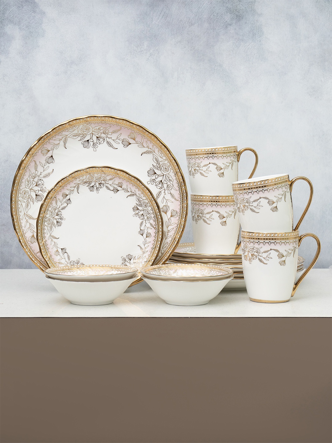 

CLAY CRAFT Ebony White & Gold Toned 16 Pieces Printed Ceramic Glossy Dinner Set