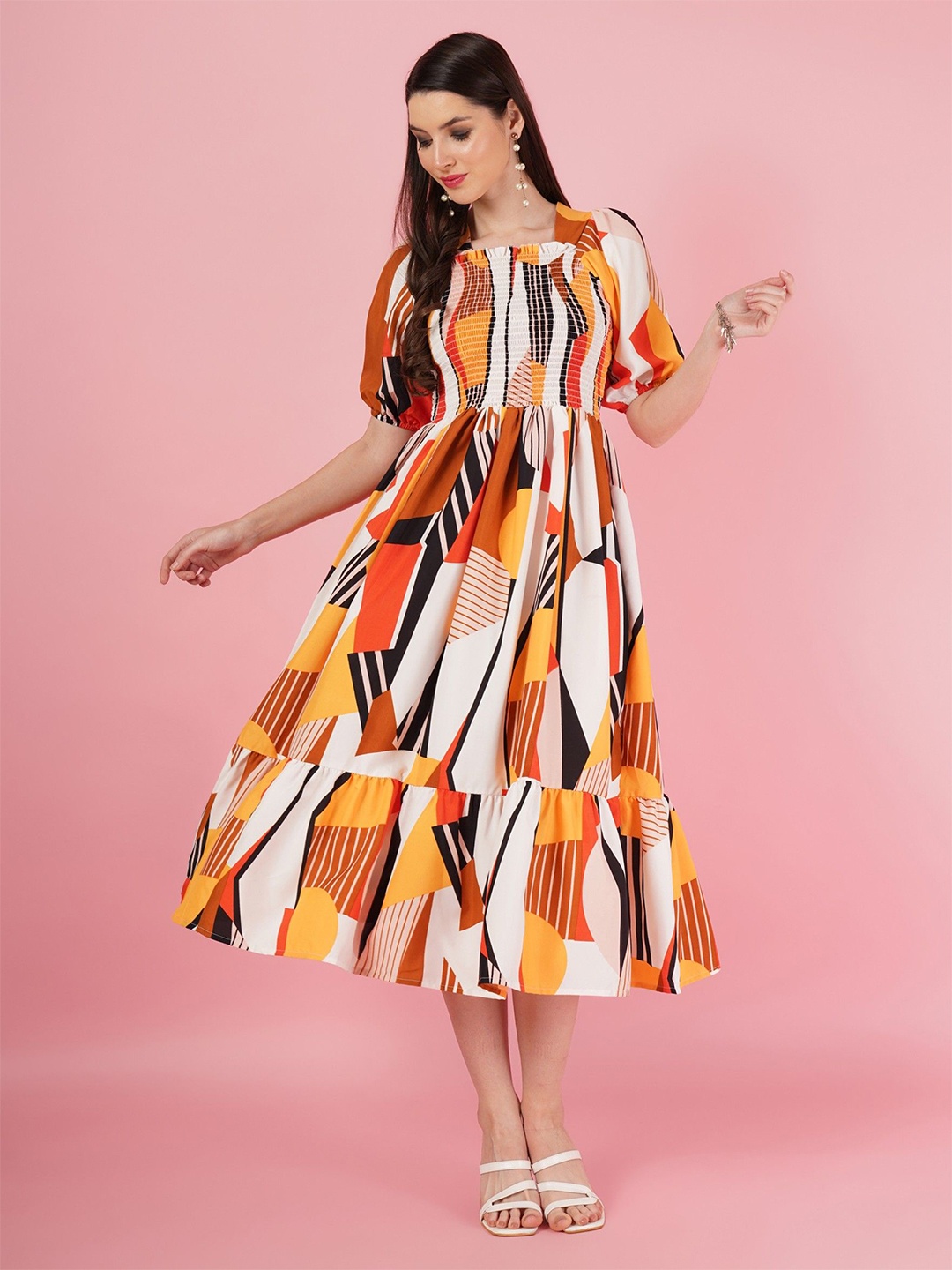 

Femvy Print Puff Sleeve Fit & Flare Dress, Yellow