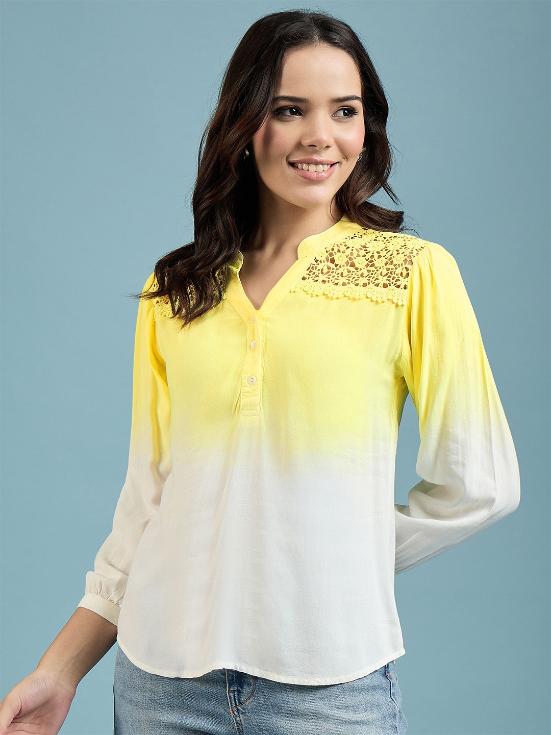 

DressBerry Ombre Embellished Mandarin Collar Shirt Style Top, White