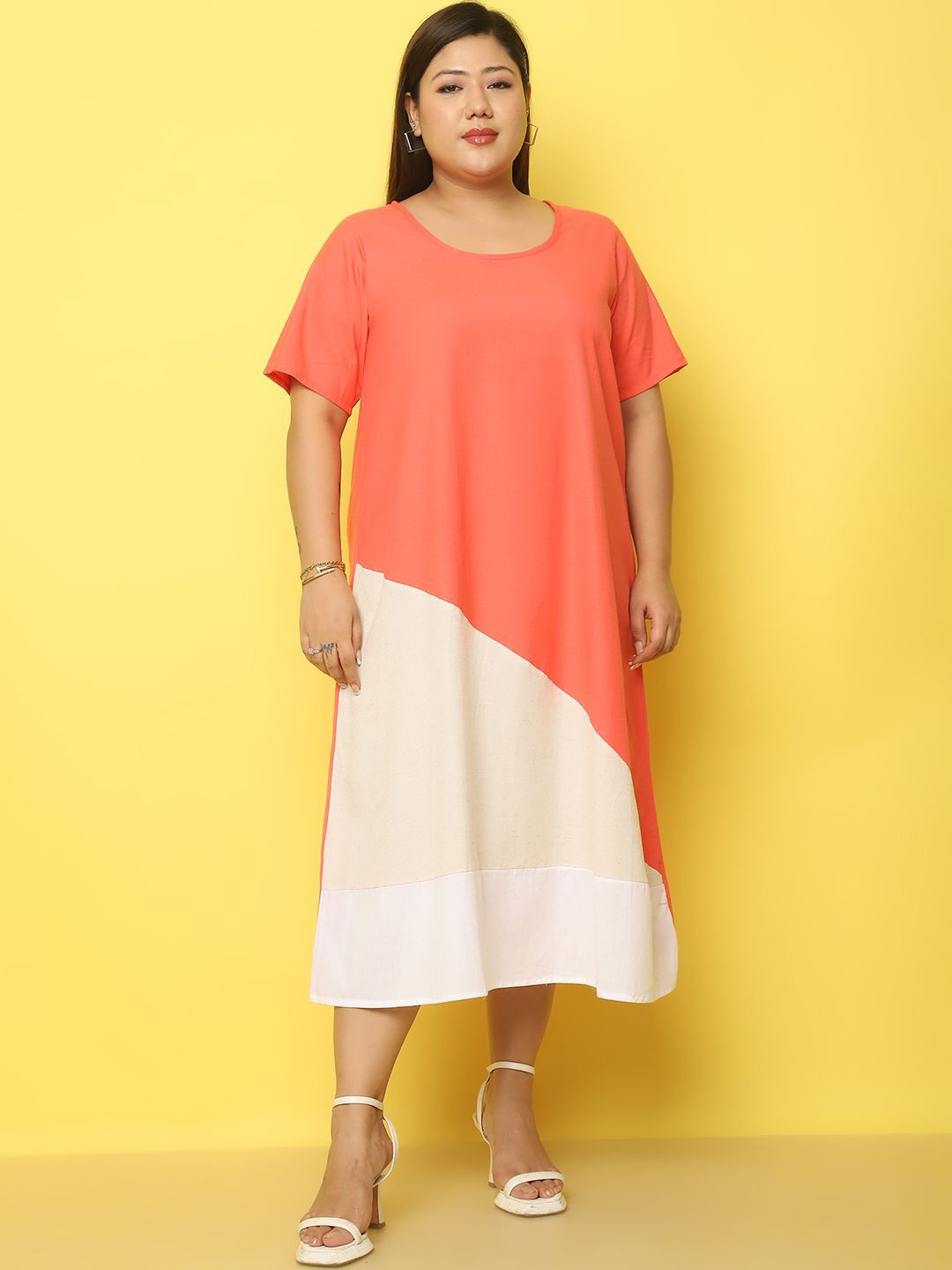 

theRebelinme Colourblocked Linen A-Line Midi Dress, Coral