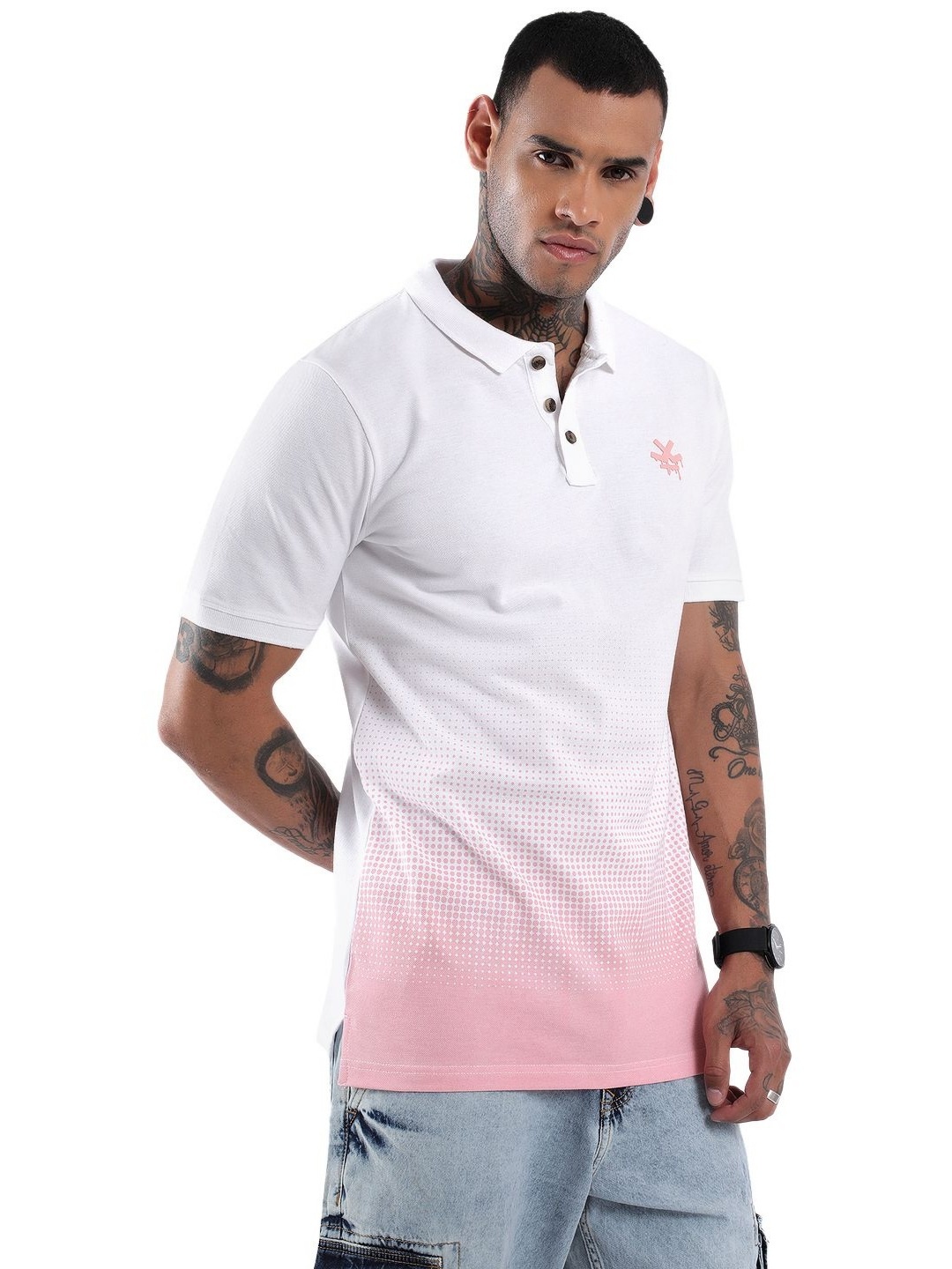 

WROGN Men Abstract Printed Polo Collar Cotton Slim Fit T-Shirt, White