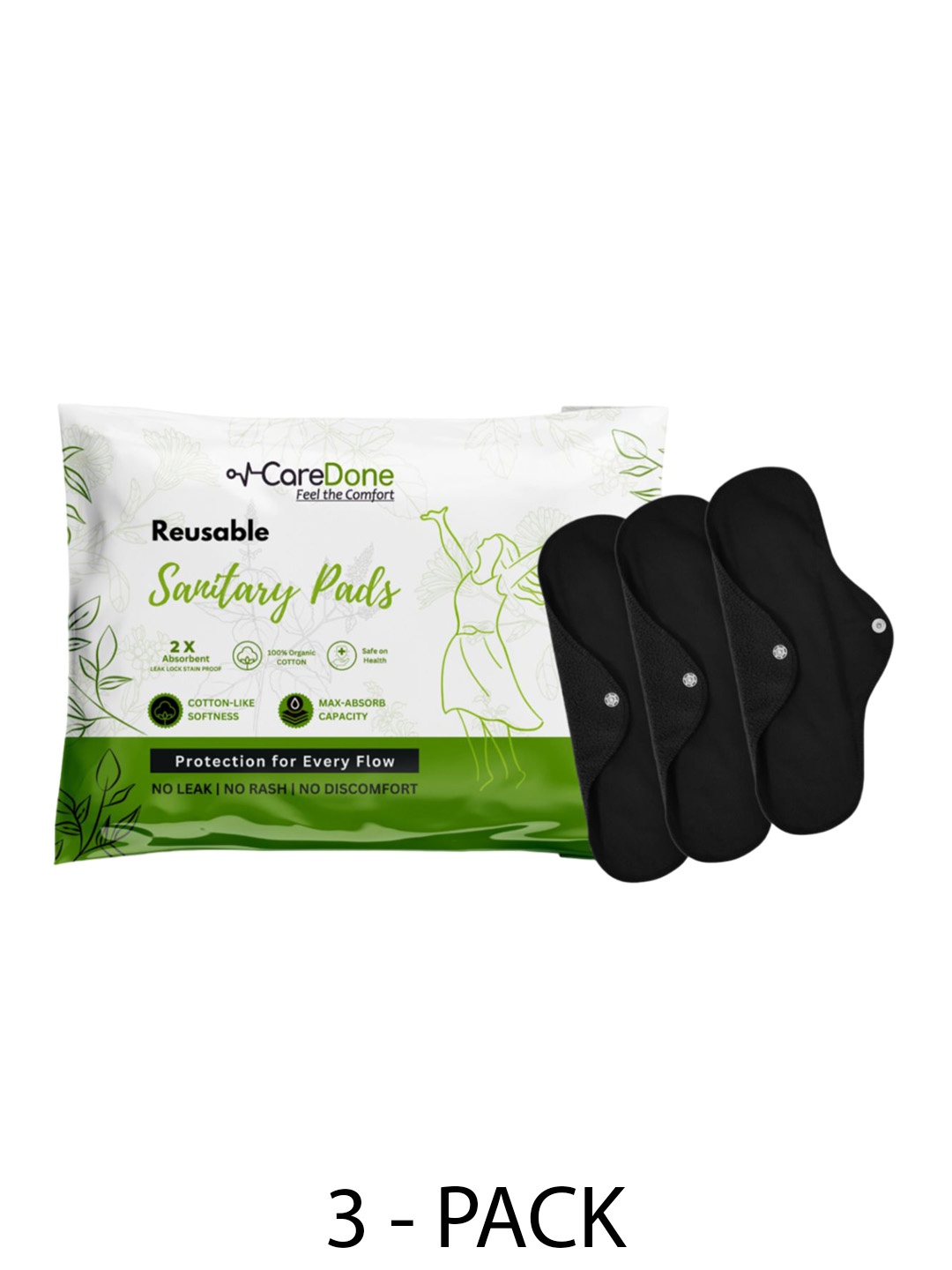 

CareDone Set Of 3 Reusable 100% Organic Cotton Sanitary Cloth Pads - XL, Black