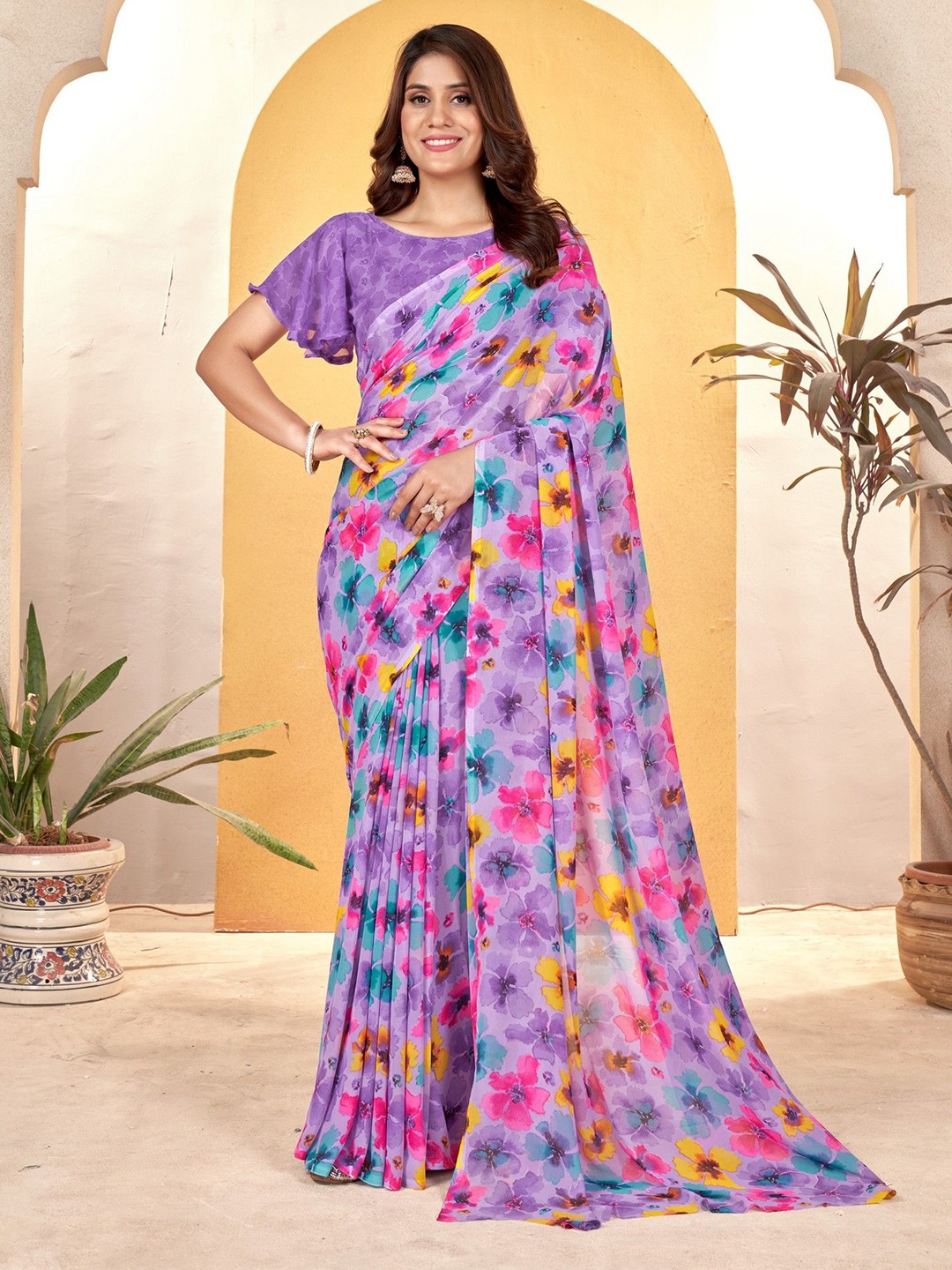 

VARNI FABRICS Women Floral Printed Pure Georgette Saree, Purple