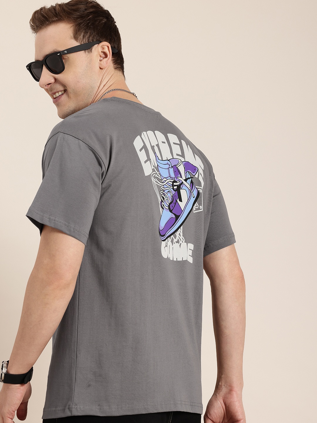 

HERE&NOW Pure Cotton Graphic Printed Drop-Shoulder Sleeves T-shirt, Grey