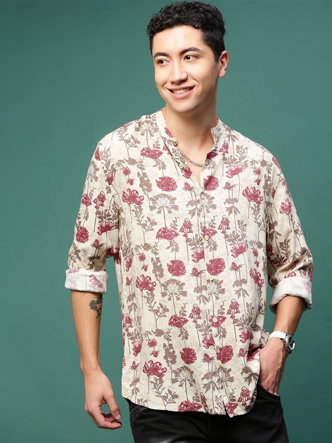 

SHOWOFF Men Standard Slim Fit Floral Opaque Printed Casual Shirt, Cream