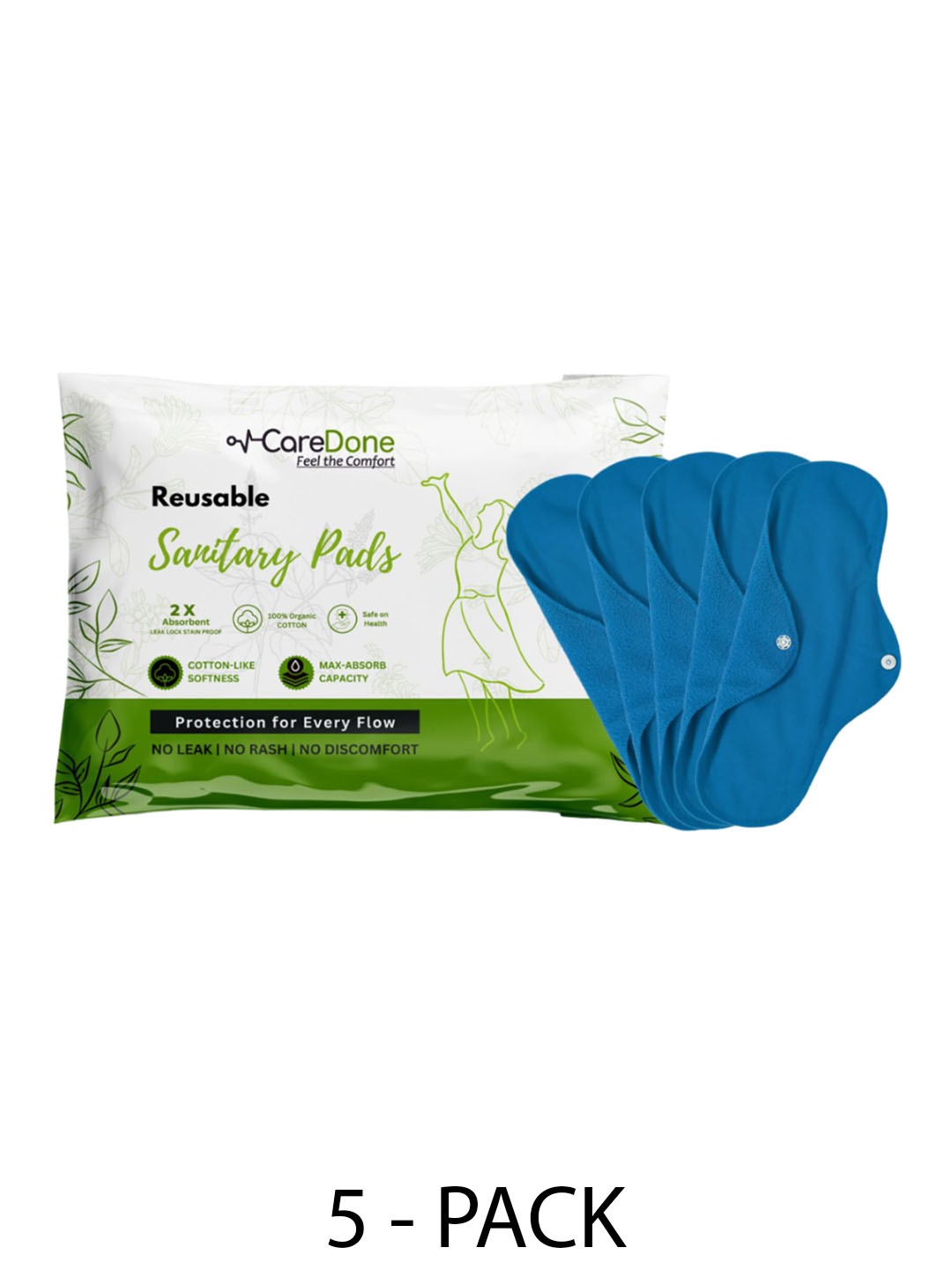 

CareDone Set Of 5 Reusable 100% Organic Cotton Sanitary Cloth Pads - XL, Blue